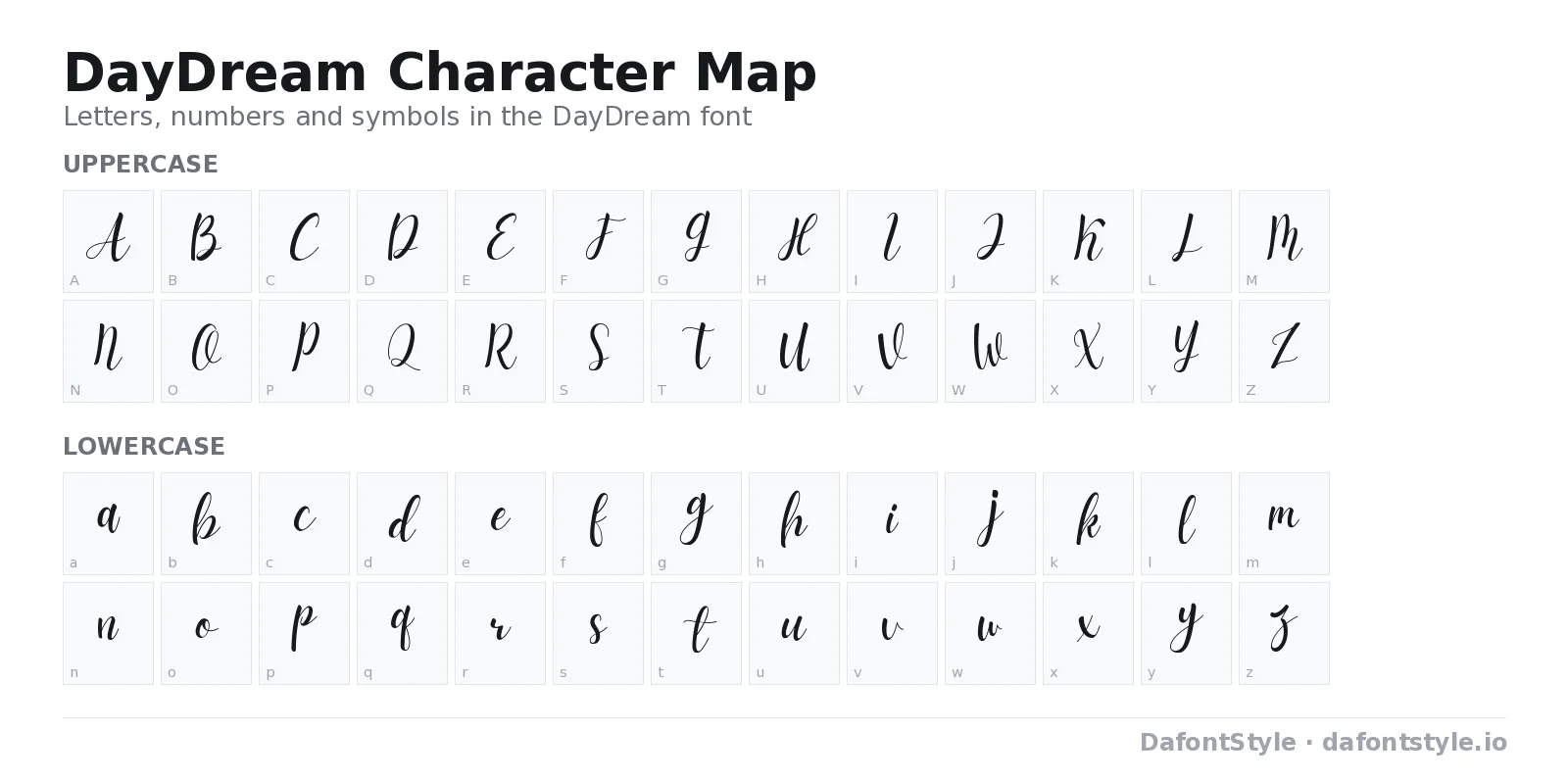 DayDream font character map with uppercase and lowercase letters, numbers and symbols