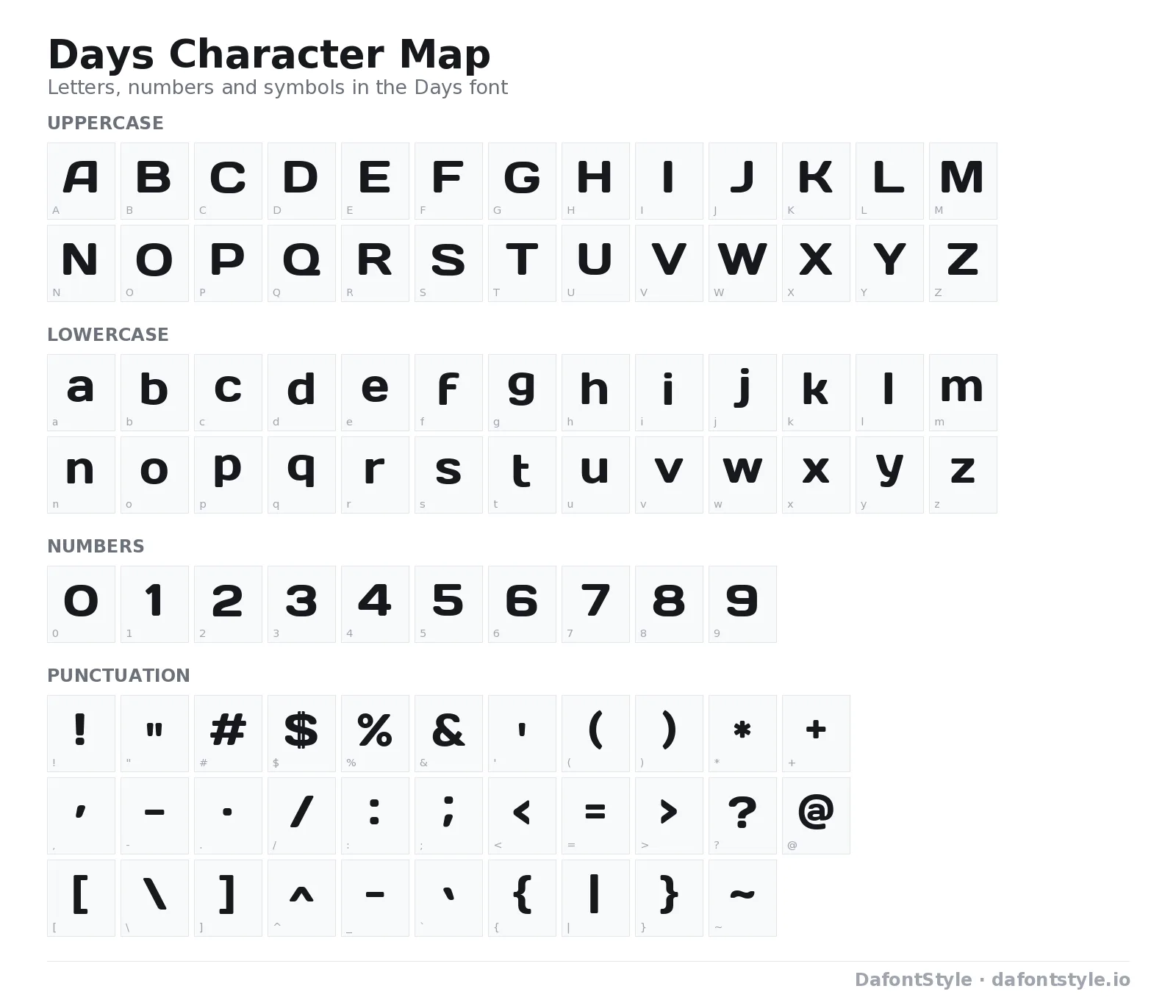 Days font character map with uppercase and lowercase letters, numbers and symbols