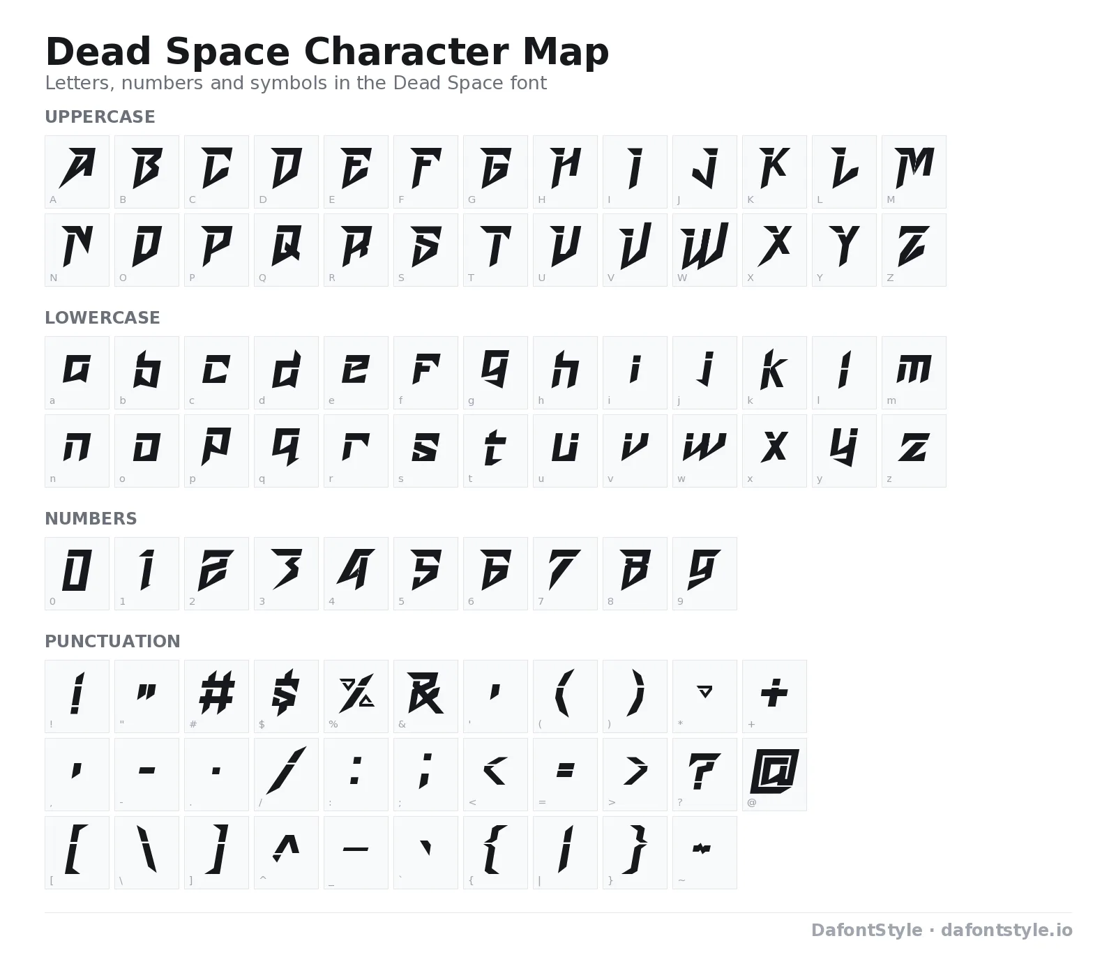 Dead Space font character map with uppercase and lowercase letters, numbers and symbols