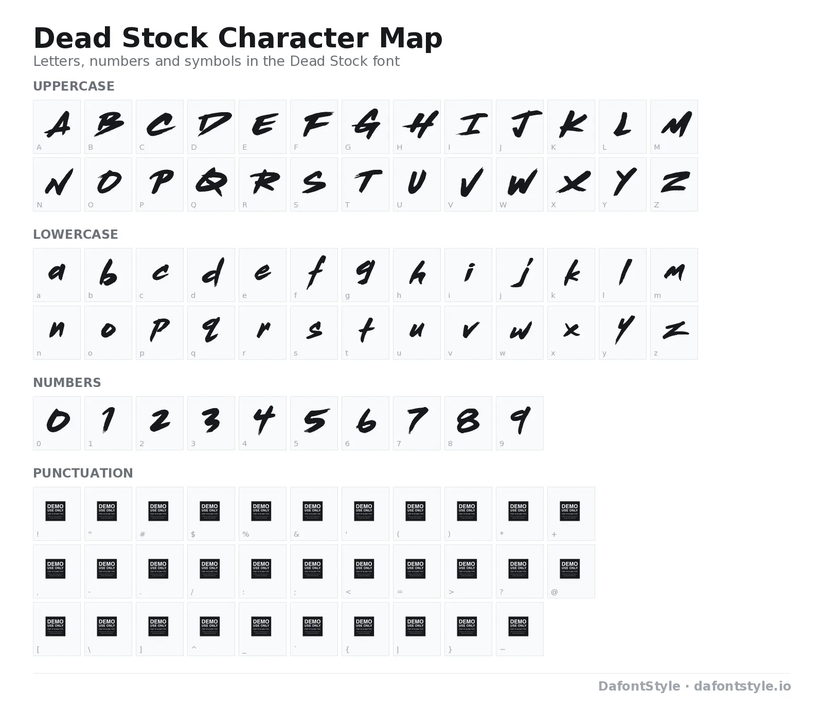 Dead Stock font character map with uppercase and lowercase letters, numbers and symbols