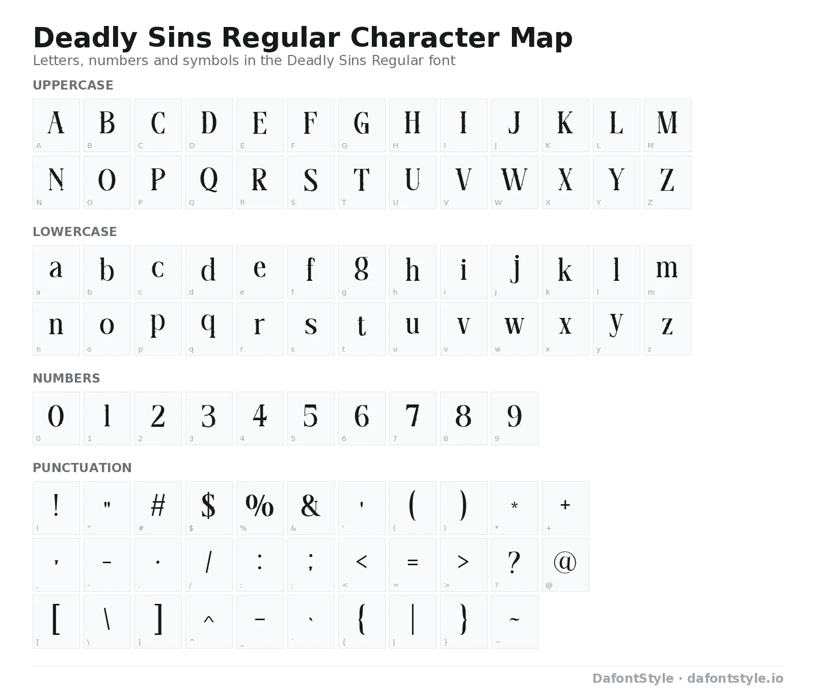 Deadly Sins Regular font character map with uppercase and lowercase letters, numbers and symbols