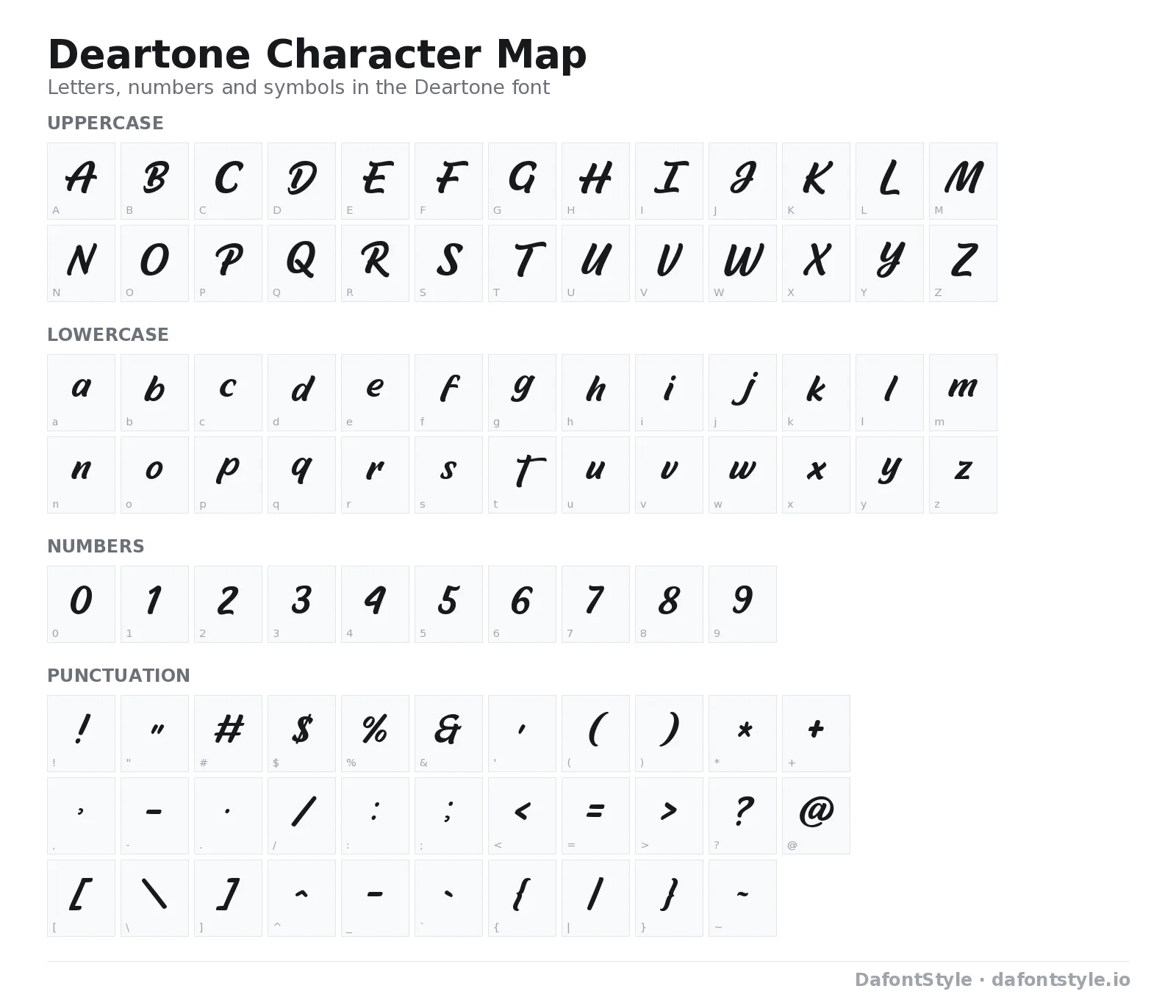 Deartone font character map with uppercase and lowercase letters, numbers and symbols
