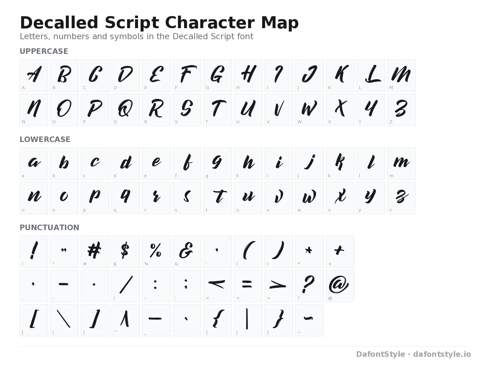 Decalled Script font character map with uppercase and lowercase letters, numbers and symbols