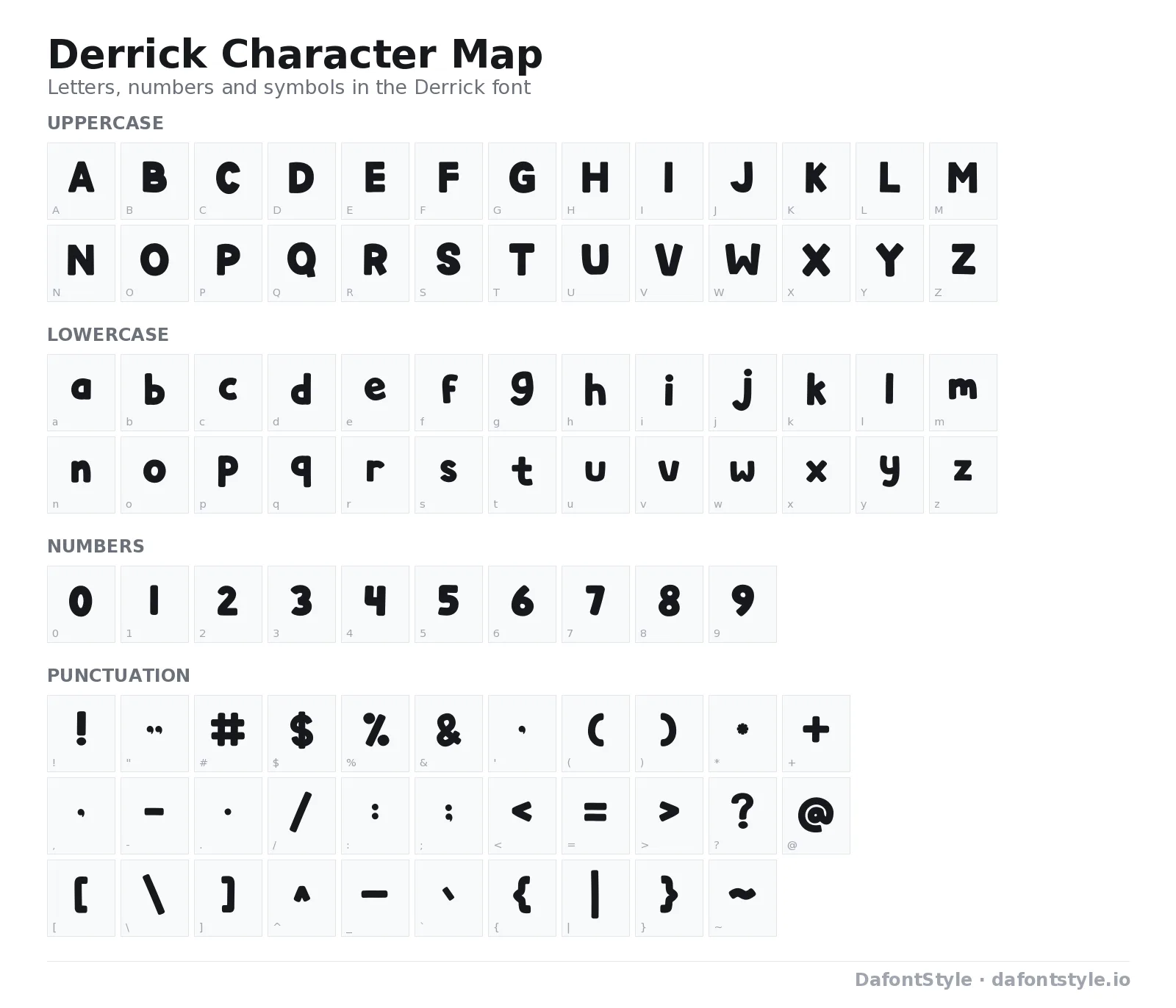 Derrick font character map with uppercase and lowercase letters, numbers and symbols