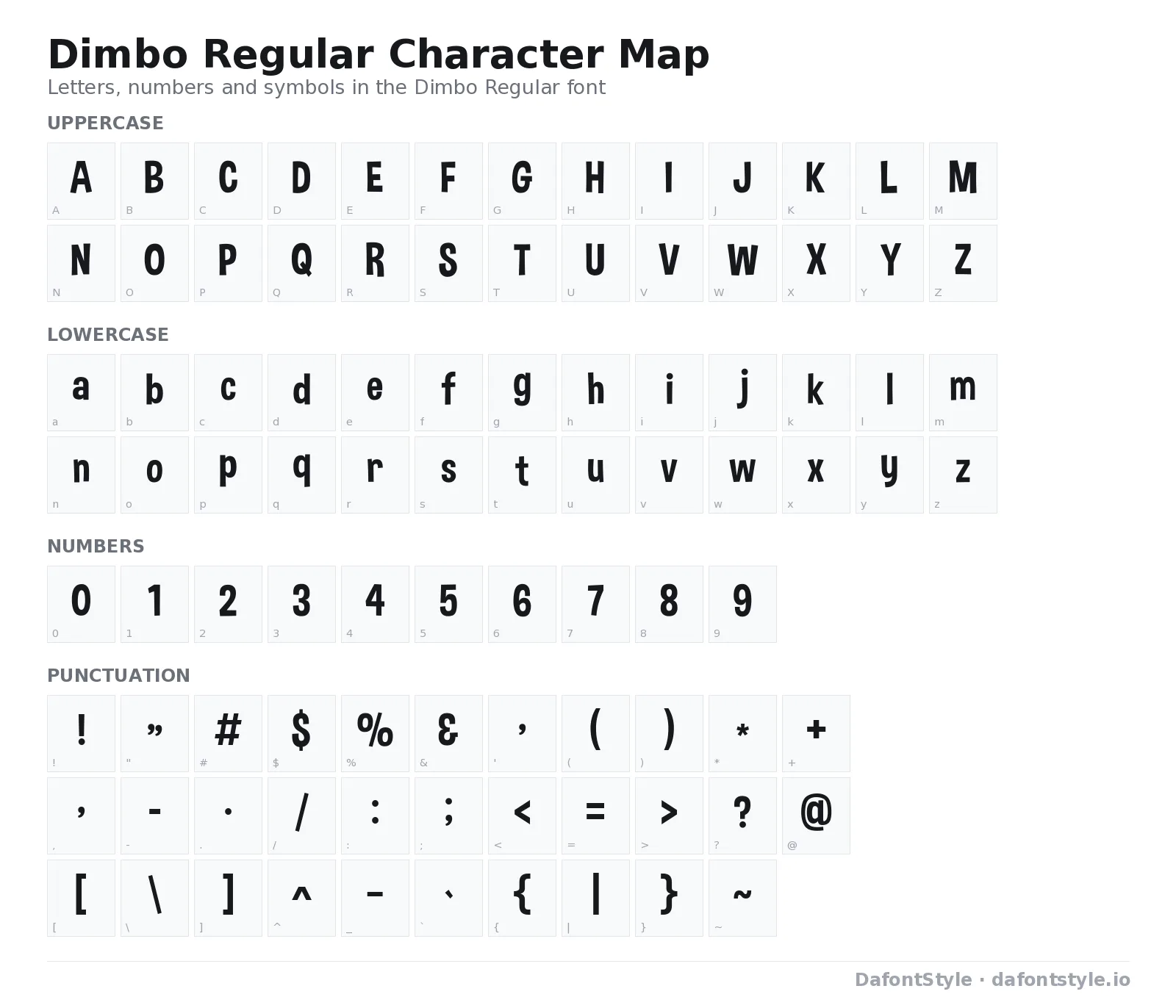 Dimbo Regular font character map with uppercase and lowercase letters, numbers and symbols