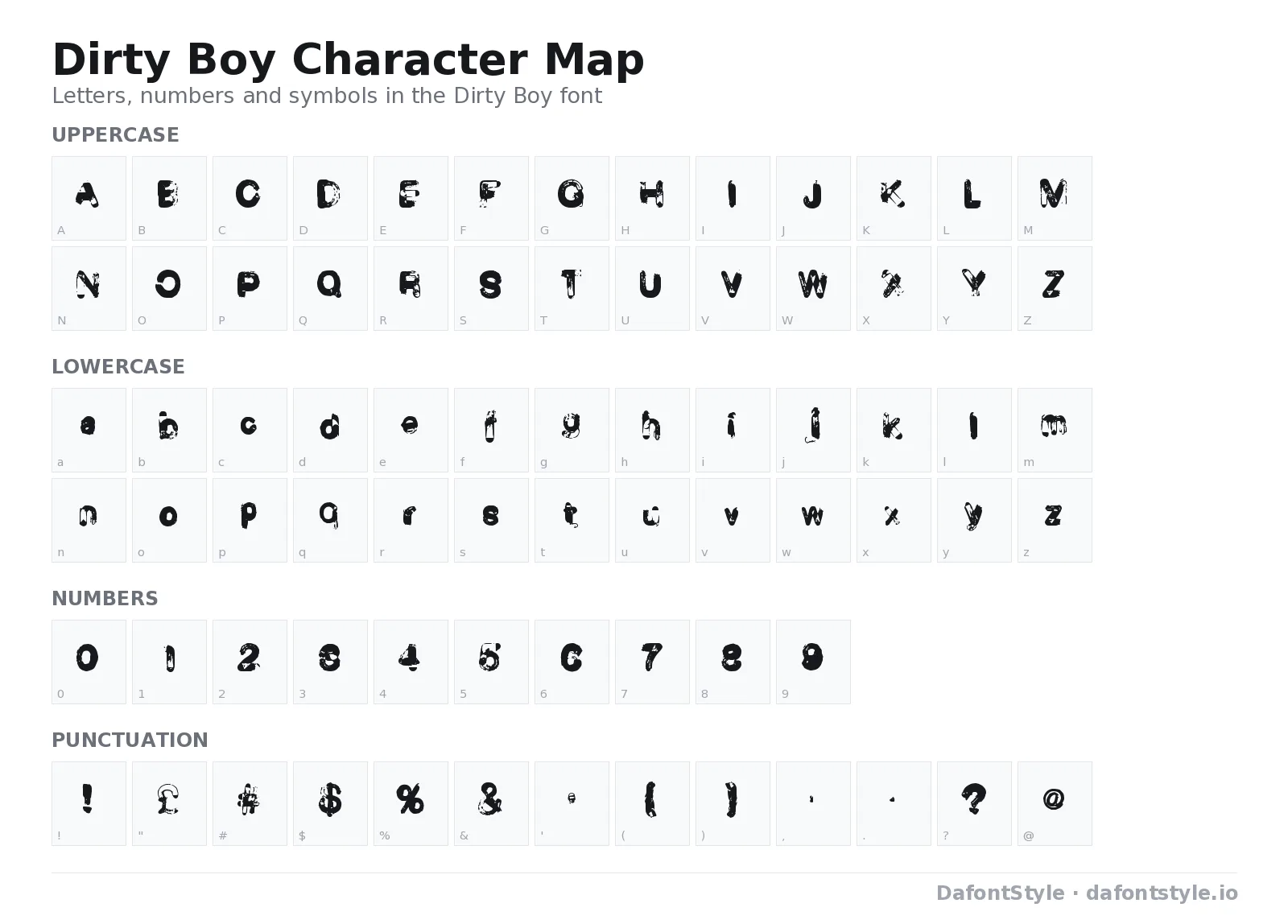Dirty Boy font character map with uppercase and lowercase letters, numbers and symbols
