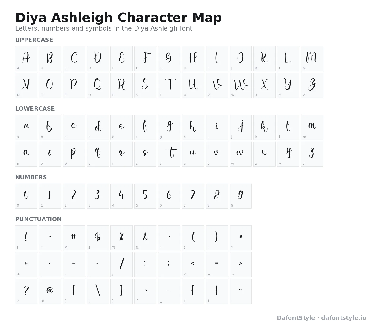 Diya Ashleigh font character map with uppercase and lowercase letters, numbers and symbols