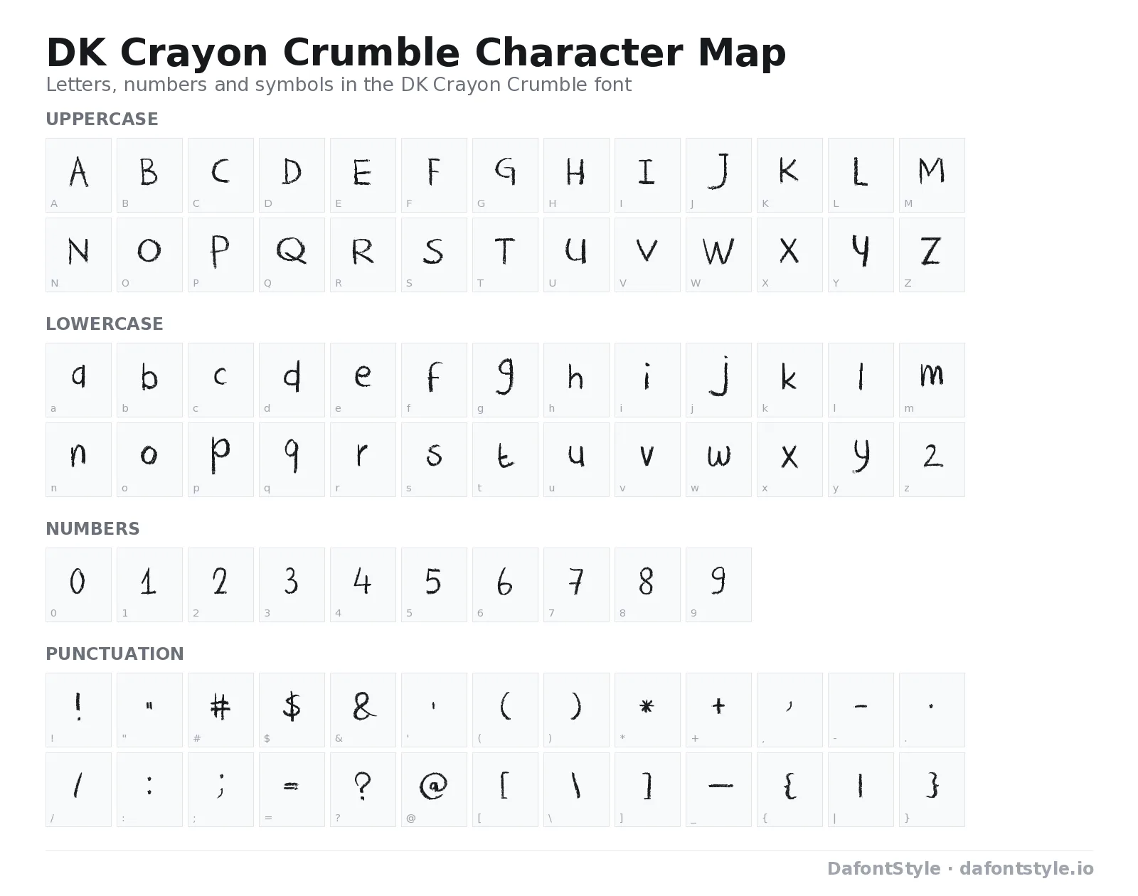 DK Crayon Crumble font character map with uppercase and lowercase letters, numbers and symbols