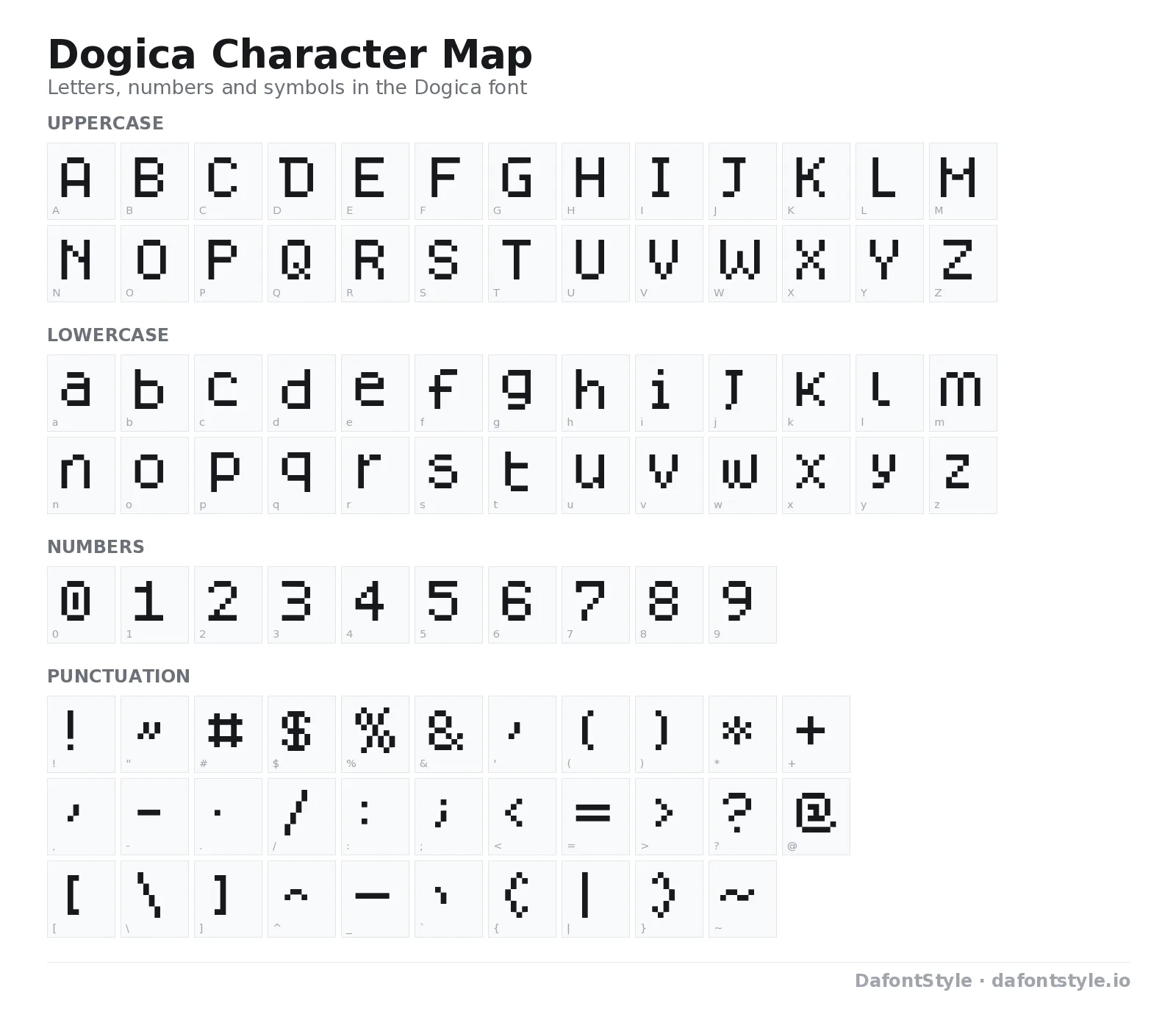 Dogica font character map with uppercase and lowercase letters, numbers and symbols