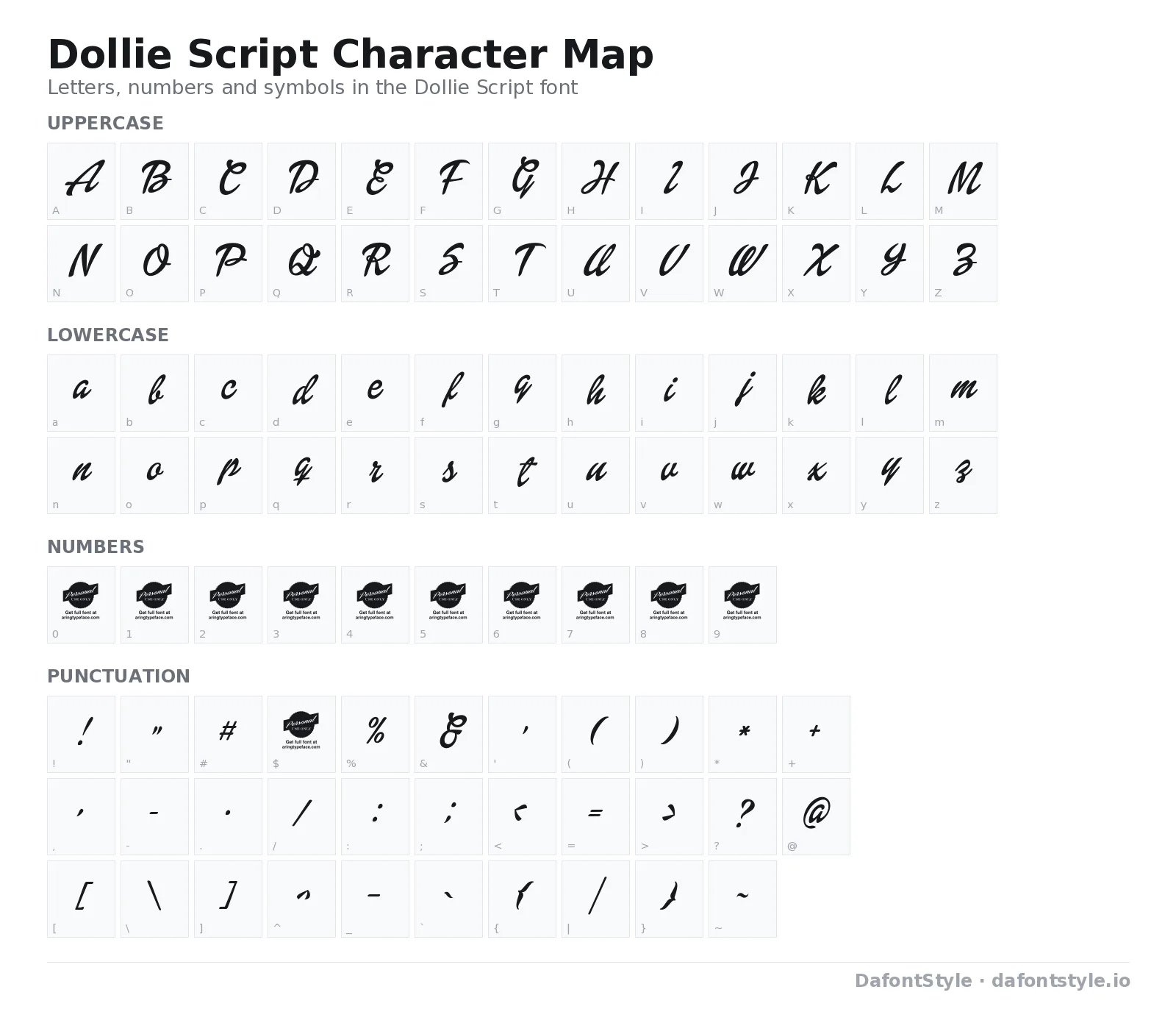 Dollie Script font character map with uppercase and lowercase letters, numbers and symbols