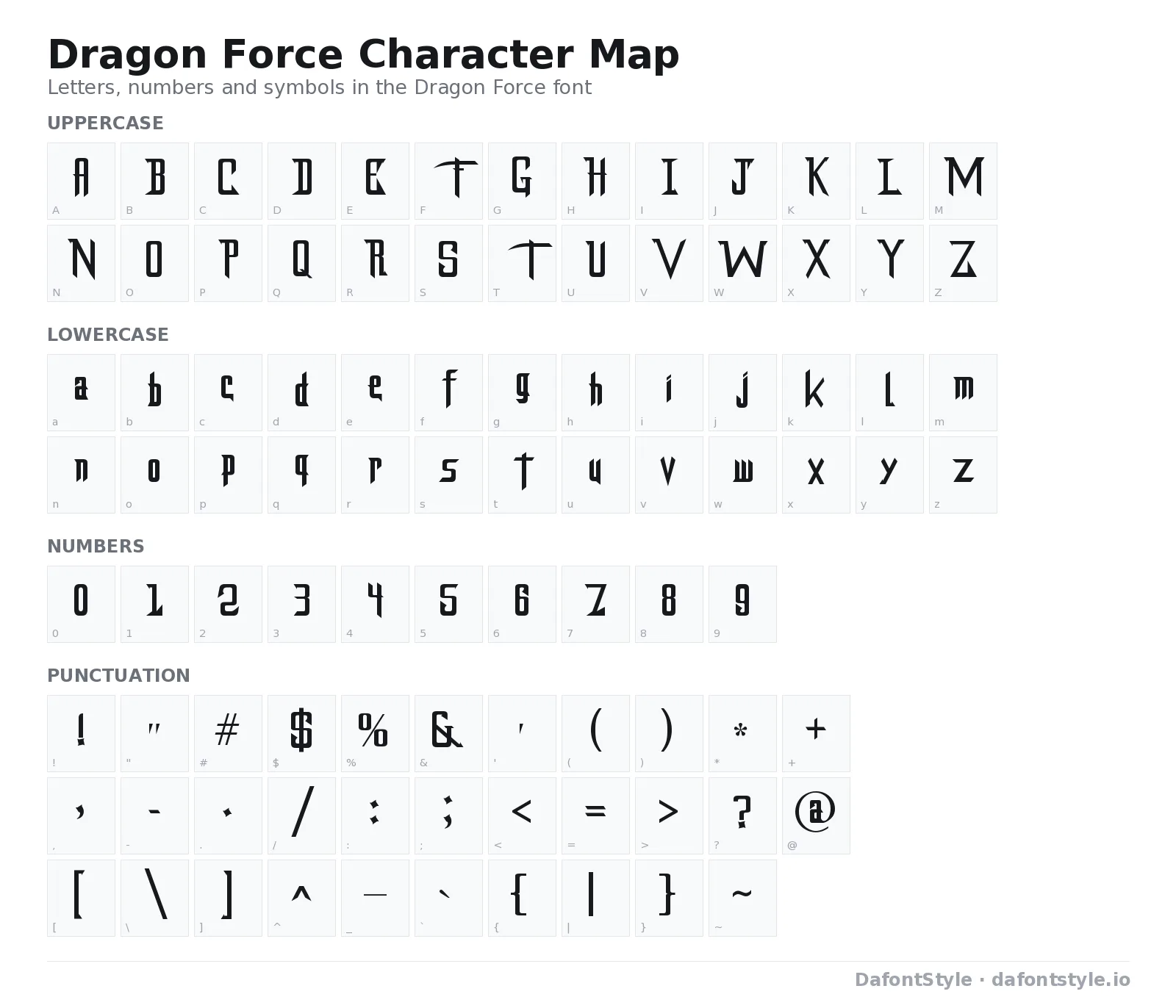 Dragon Force font character map with uppercase and lowercase letters, numbers and symbols