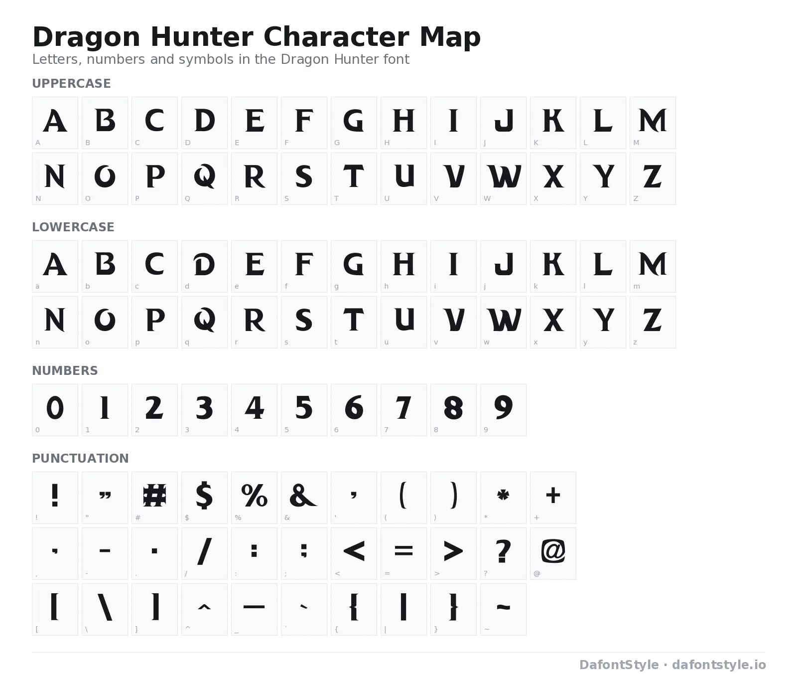 Dragon Hunter font character map with uppercase and lowercase letters, numbers and symbols