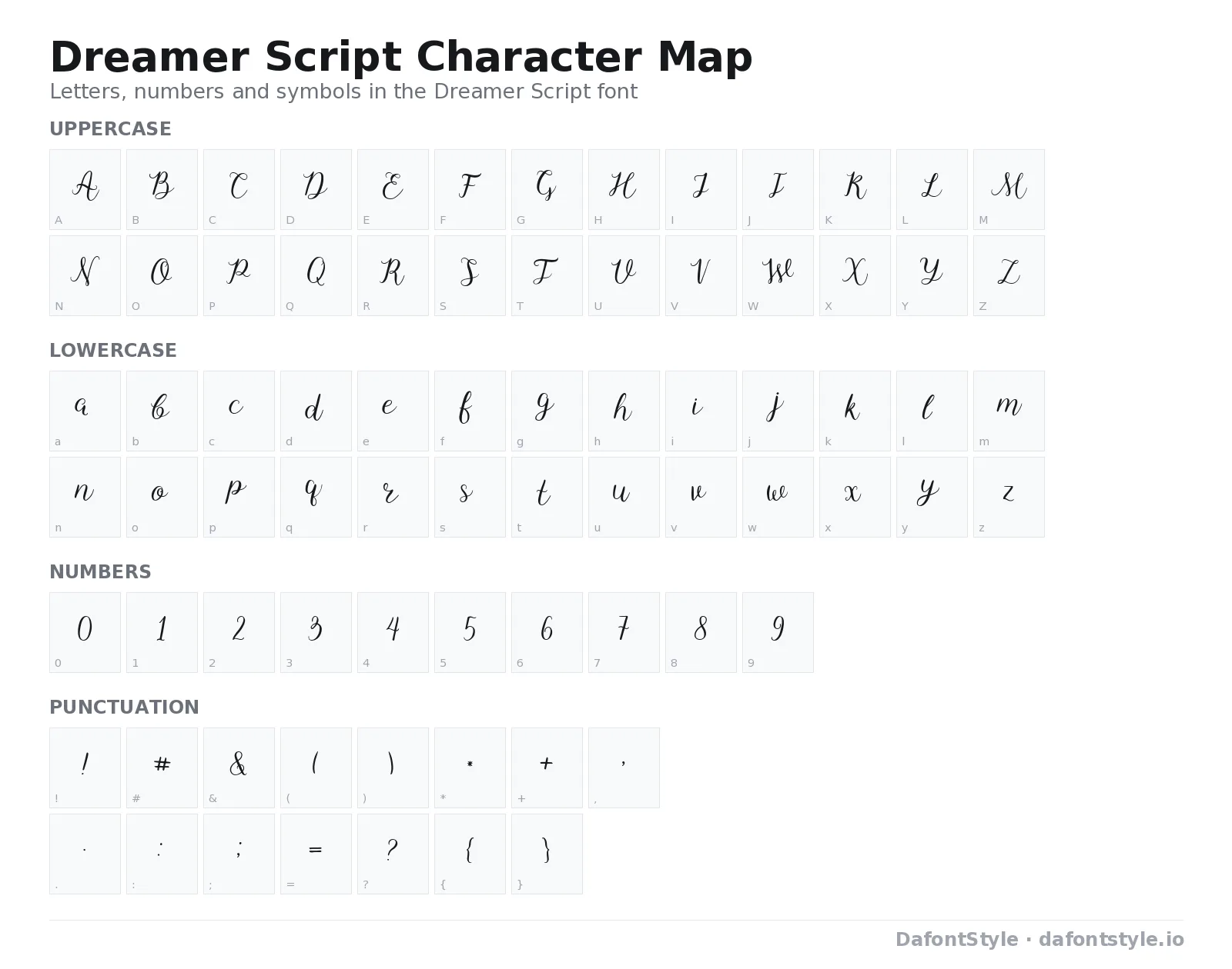 Dreamer Script font character map with uppercase and lowercase letters, numbers and symbols