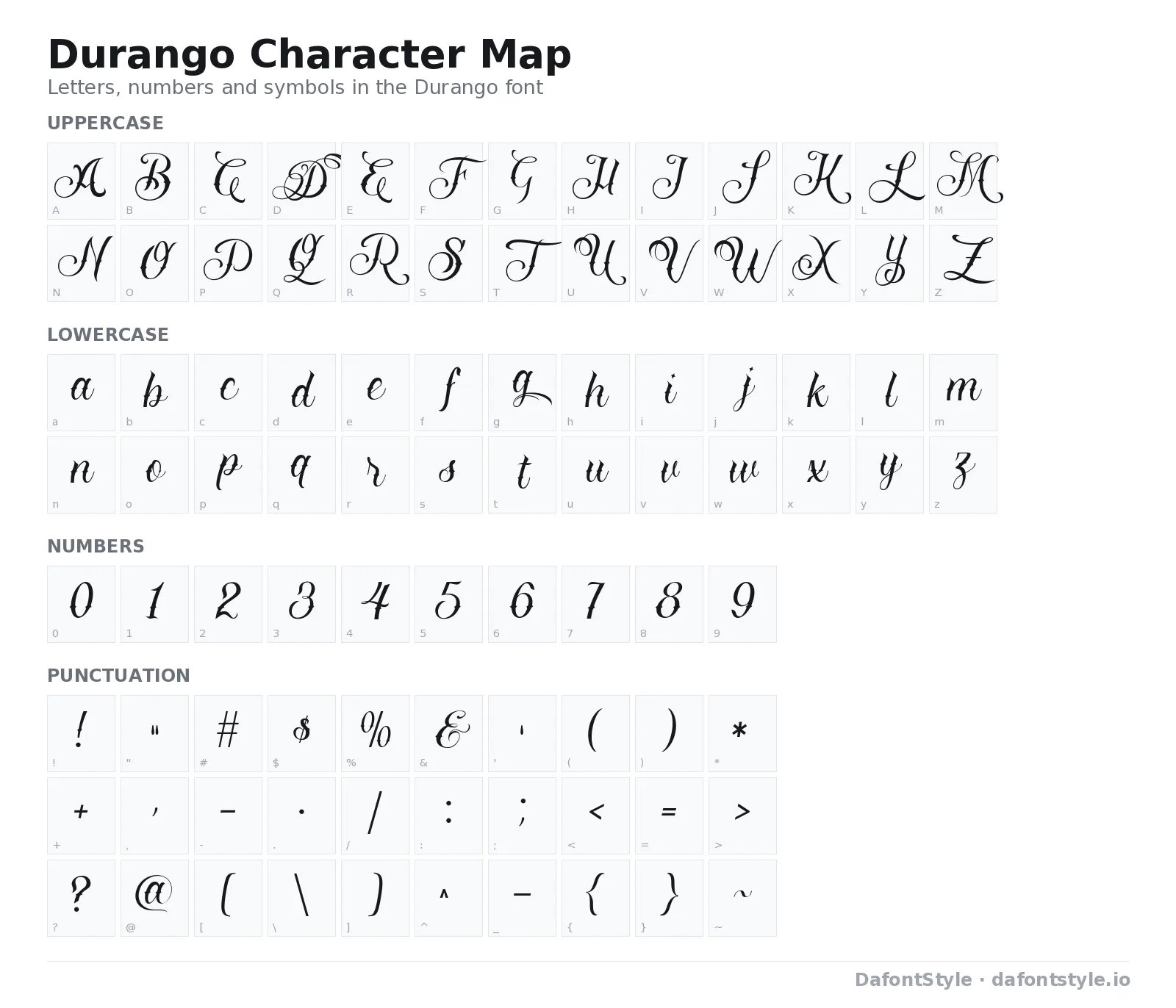 Durango font character map with uppercase and lowercase letters, numbers and symbols