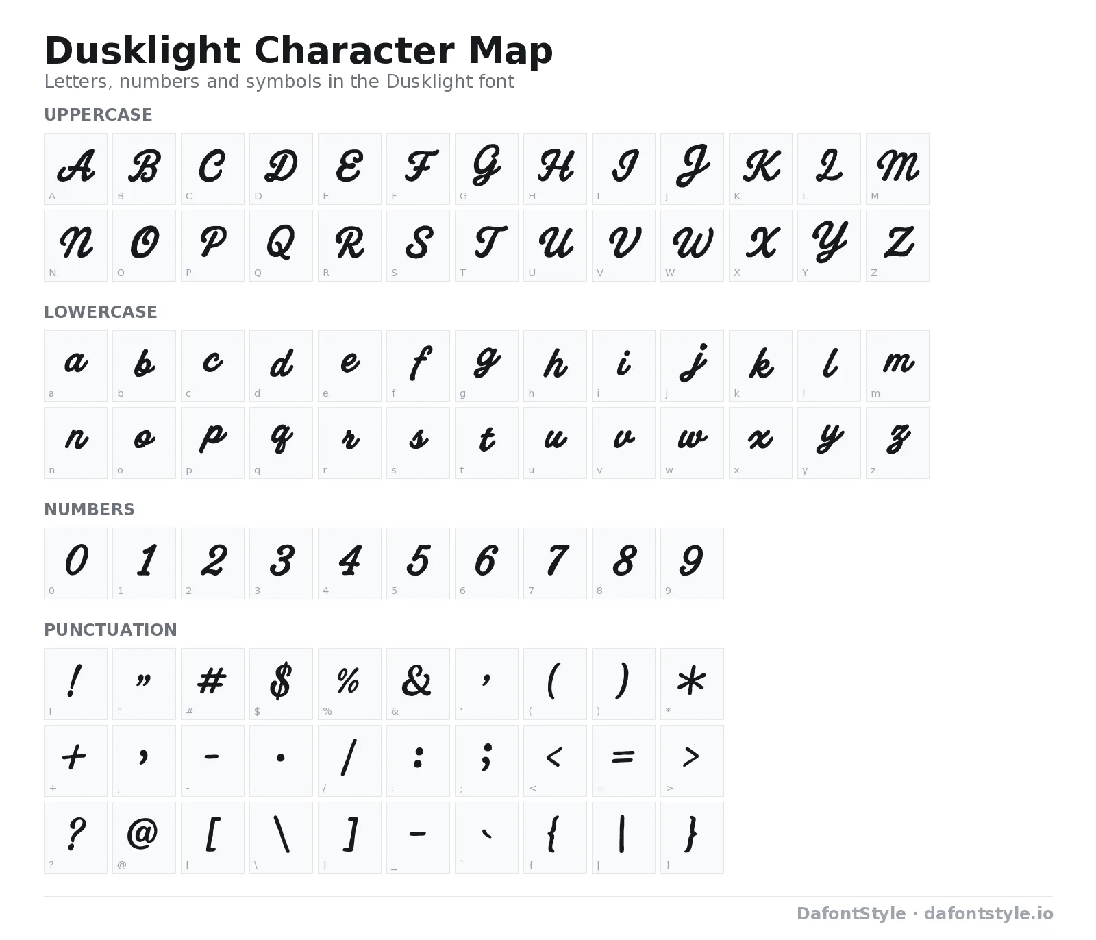 Dusklight font character map with uppercase and lowercase letters, numbers and symbols