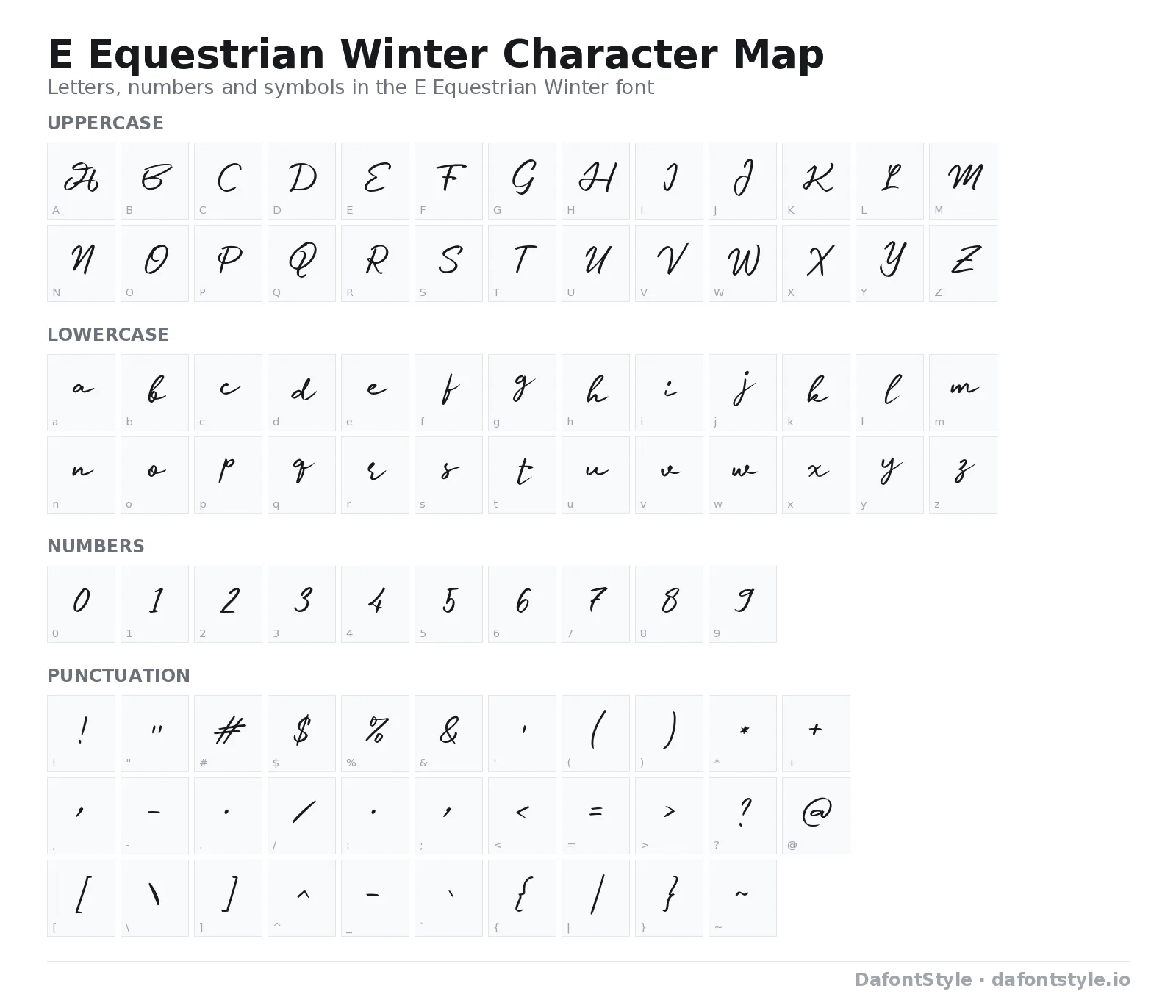 E Equestrian Winter font character map with uppercase and lowercase letters, numbers and symbols