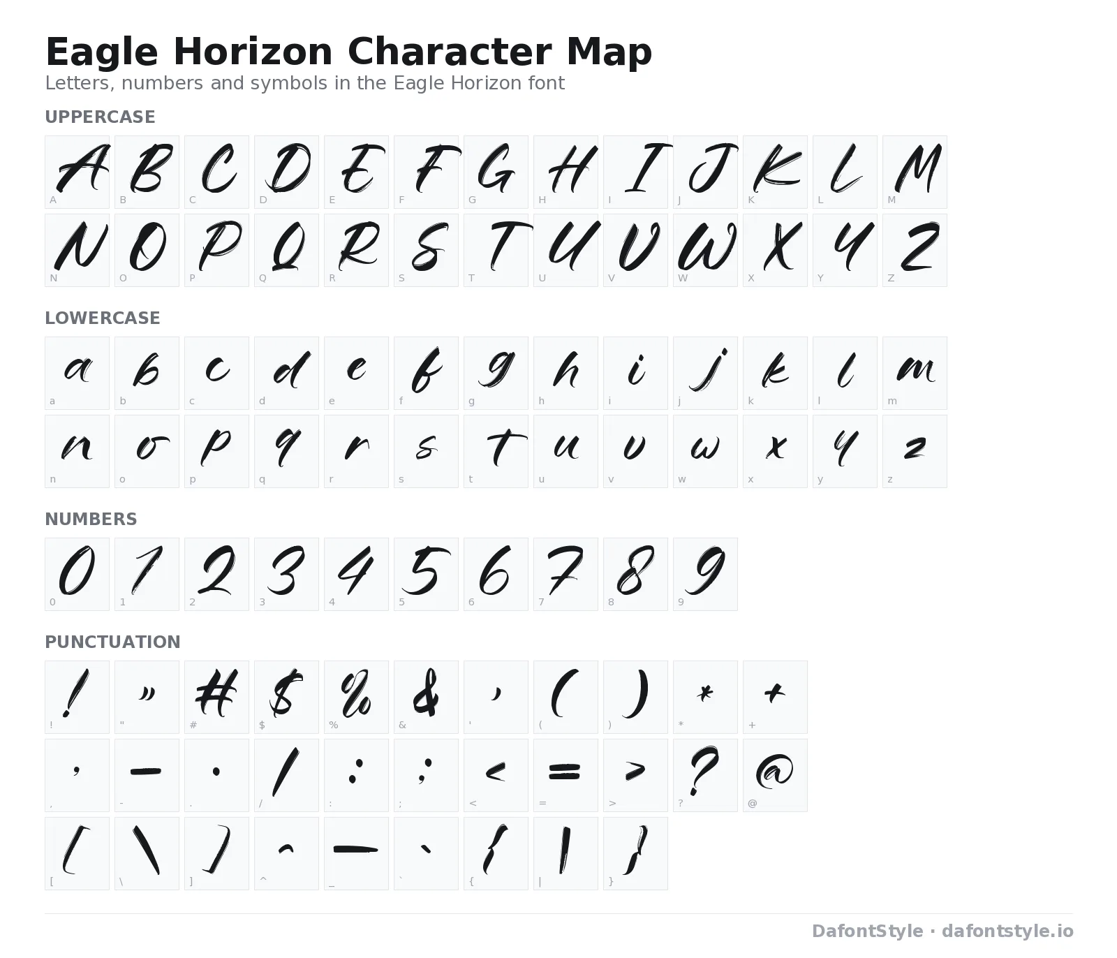Eagle Horizon font character map with uppercase and lowercase letters, numbers and symbols