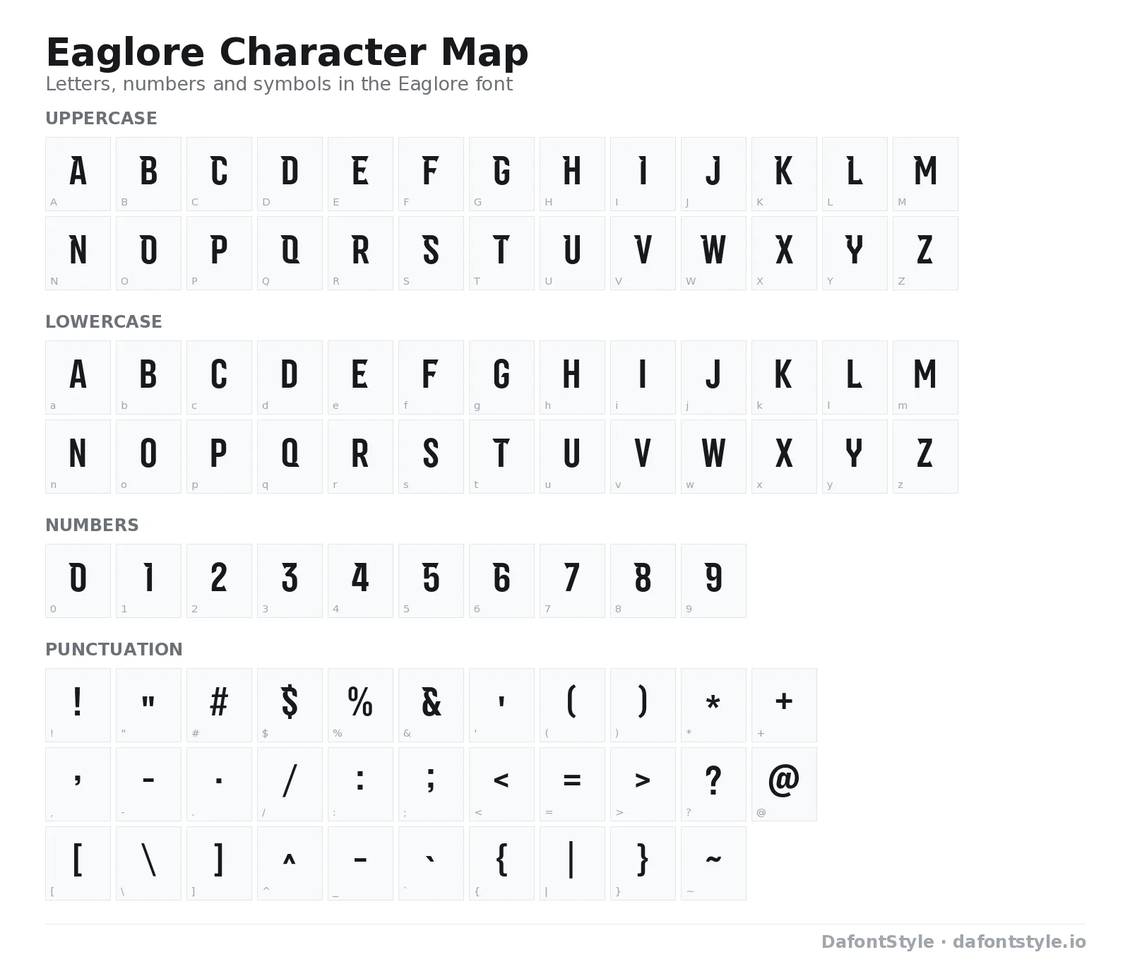 Eaglore font character map with uppercase and lowercase letters, numbers and symbols