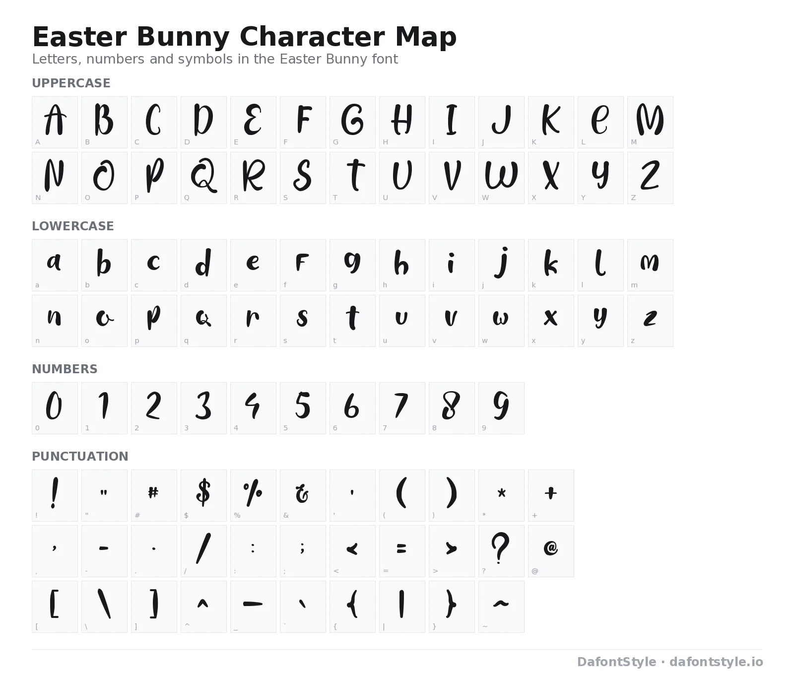 Easter Bunny font character map with uppercase and lowercase letters, numbers and symbols