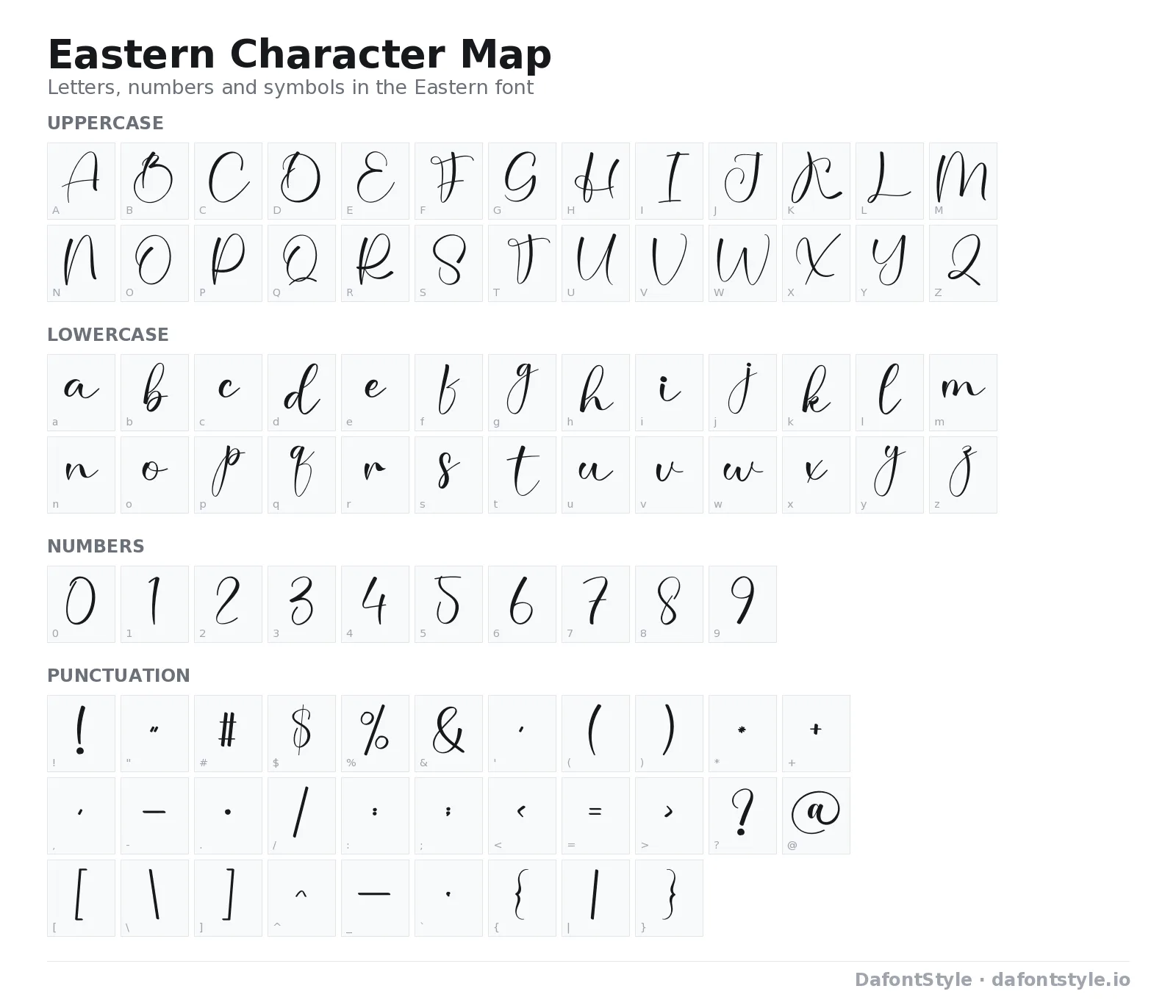 Eastern font character map with uppercase and lowercase letters, numbers and symbols