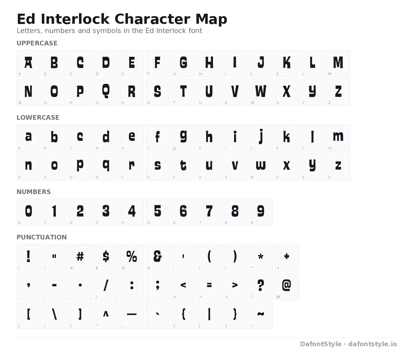 Ed Interlock font character map with uppercase and lowercase letters, numbers and symbols