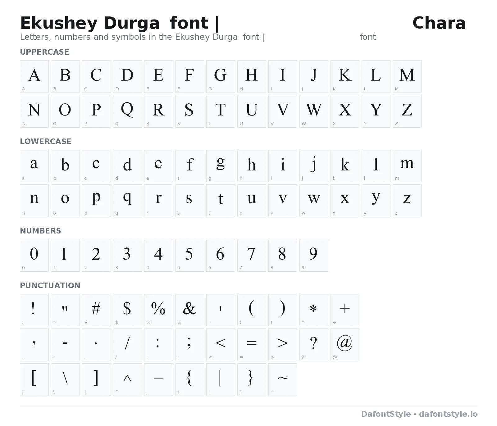 Ekushey Durga font | एकुशे दुर्गा फ़ॉन्ट font character map with uppercase and lowercase letters, numbers and symbols