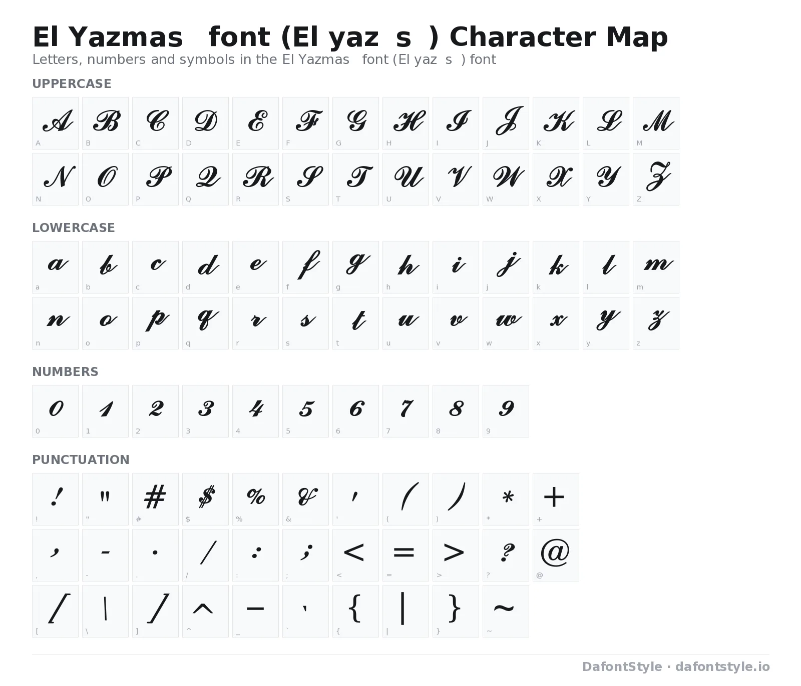El Yazması font (El yazısı) font character map with uppercase and lowercase letters, numbers and symbols