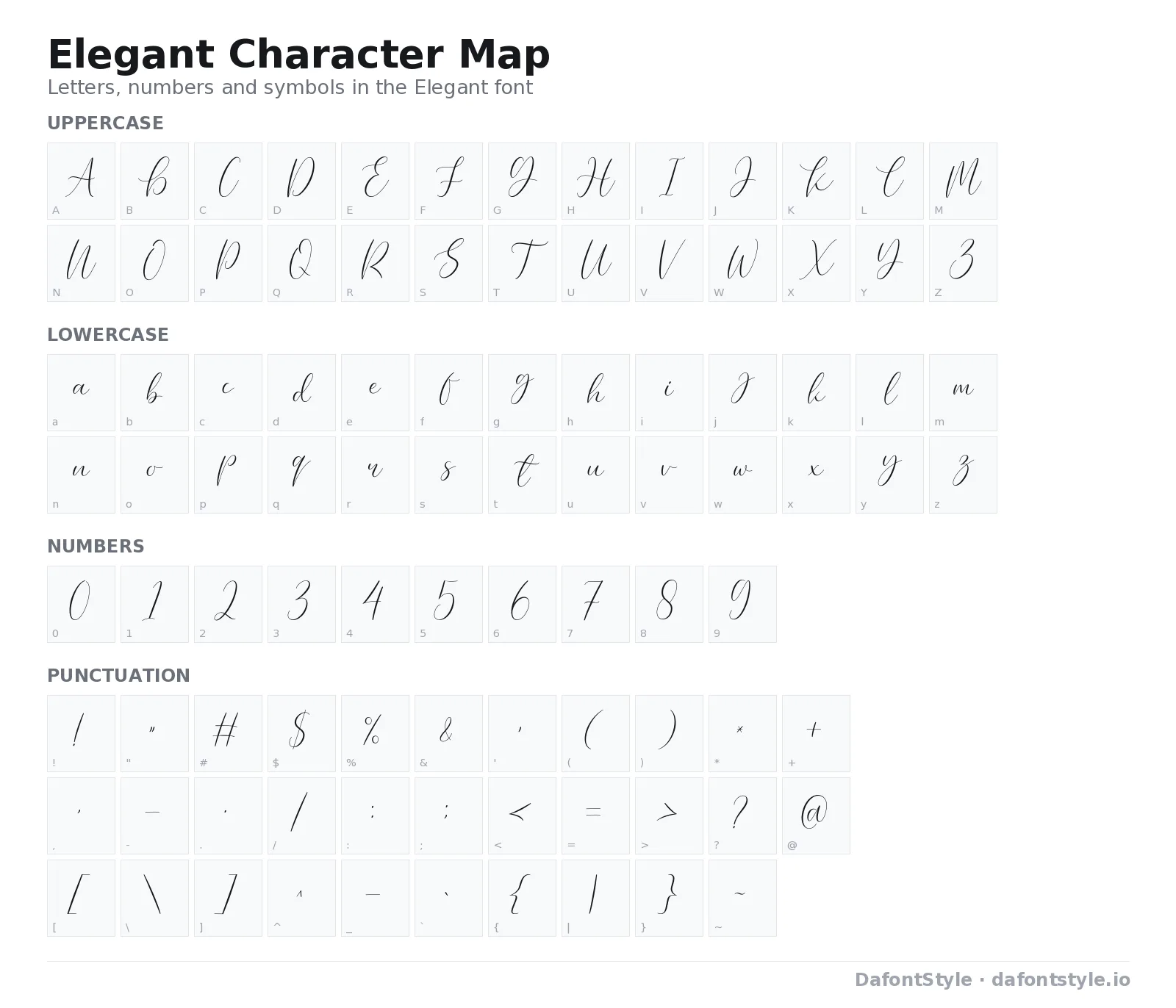 Elegant font character map with uppercase and lowercase letters, numbers and symbols