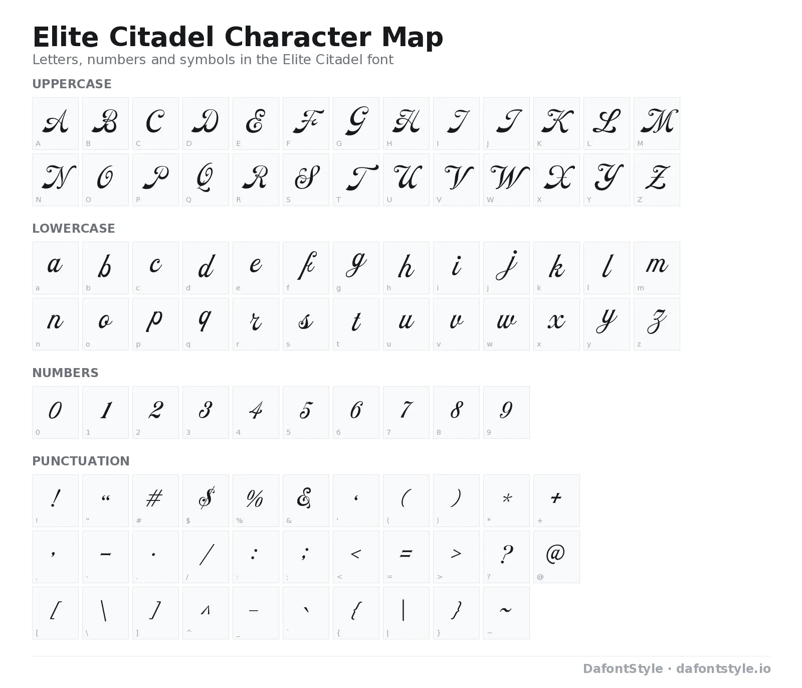 Elite Citadel font character map with uppercase and lowercase letters, numbers and symbols