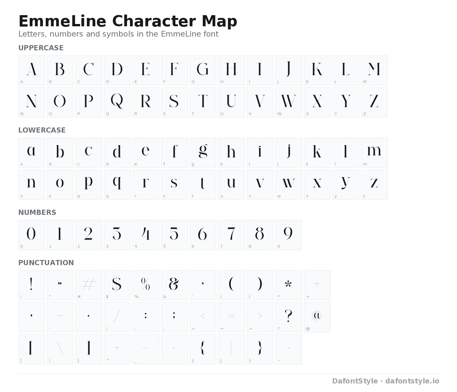 EmmeLine font character map with uppercase and lowercase letters, numbers and symbols
