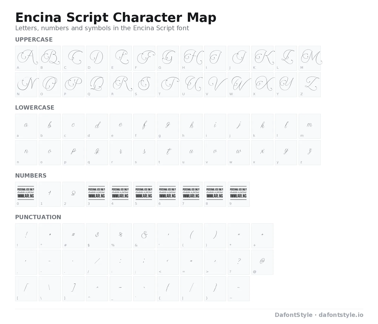 Encina Script font character map with uppercase and lowercase letters, numbers and symbols