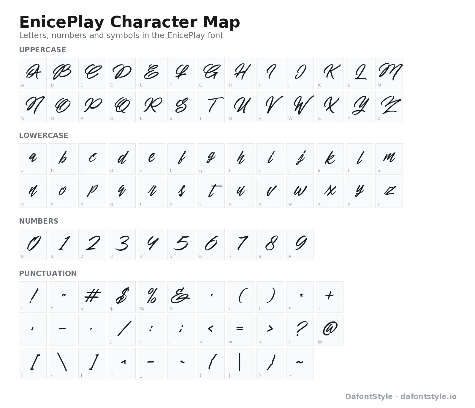 EnicePlay font character map with uppercase and lowercase letters, numbers and symbols