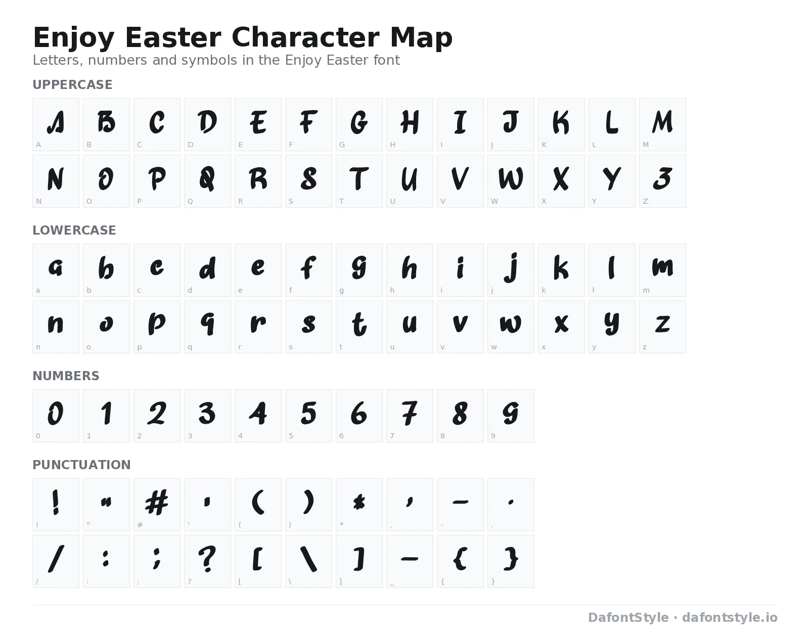 Enjoy Easter font character map with uppercase and lowercase letters, numbers and symbols