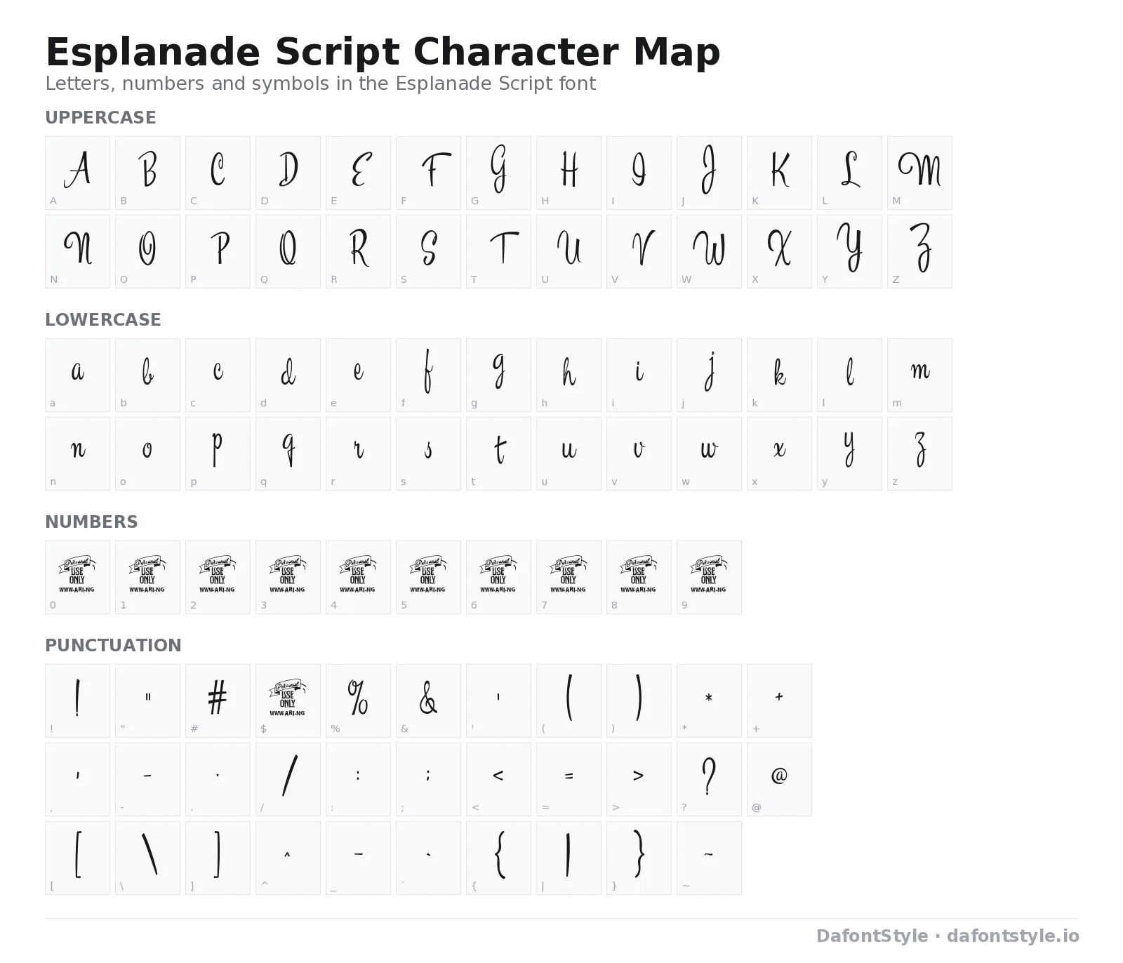 Esplanade Script font character map with uppercase and lowercase letters, numbers and symbols