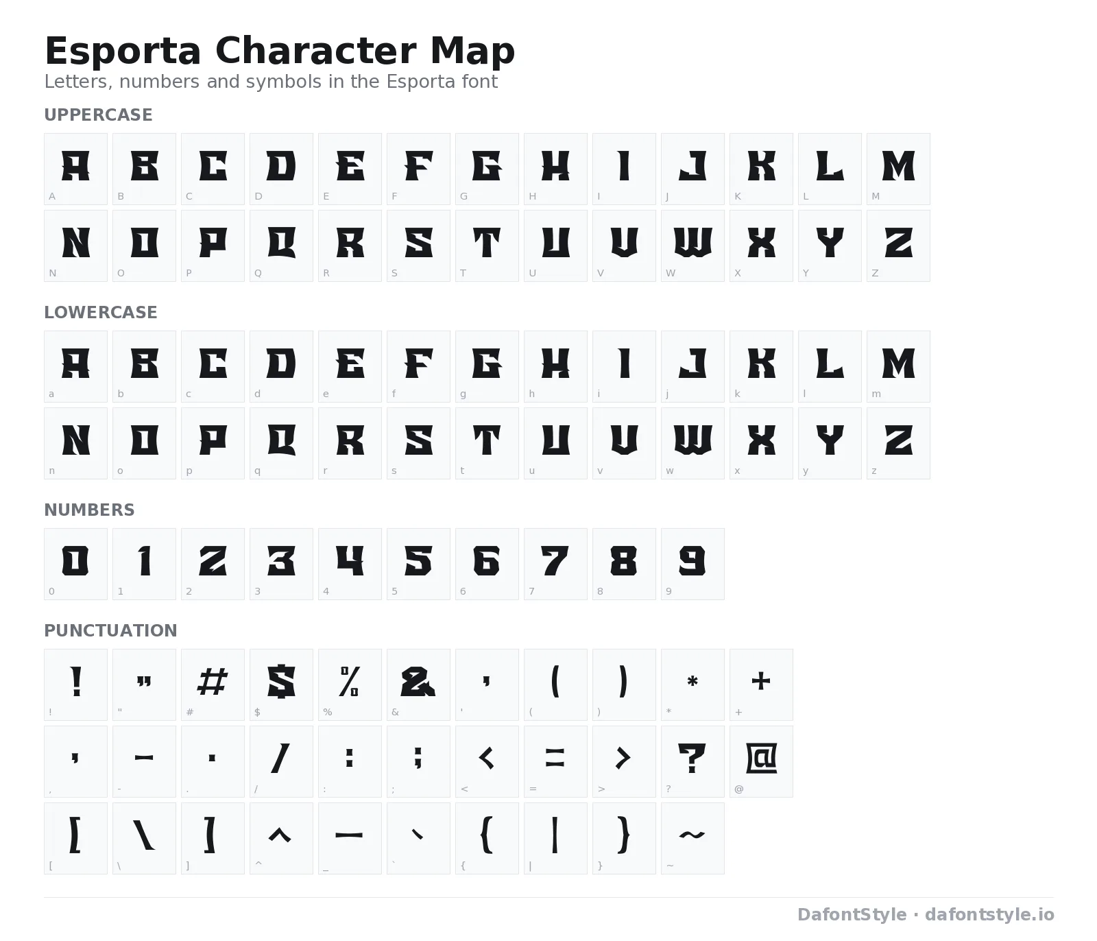 Esporta font character map with uppercase and lowercase letters, numbers and symbols