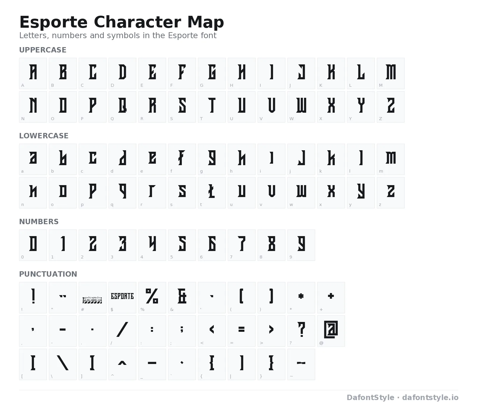 Esporte font character map with uppercase and lowercase letters, numbers and symbols