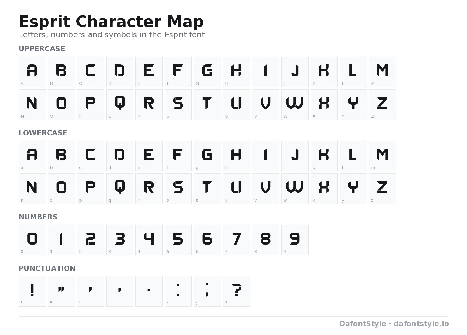 Esprit font character map with uppercase and lowercase letters, numbers and symbols