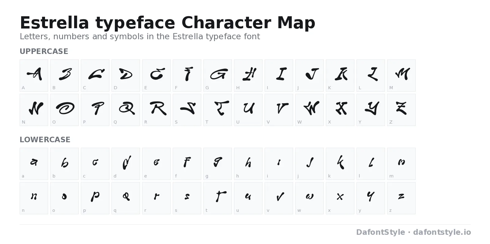 Estrella typeface font character map with uppercase and lowercase letters, numbers and symbols