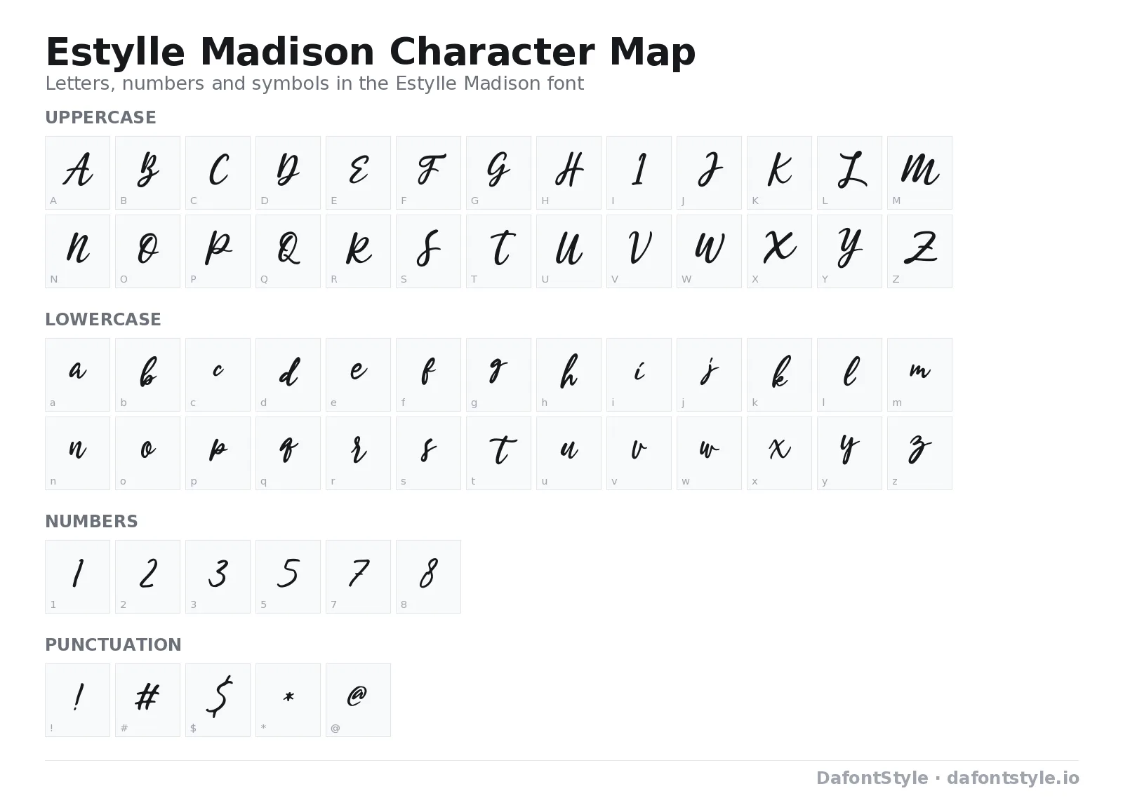 Estylle Madison font character map with uppercase and lowercase letters, numbers and symbols