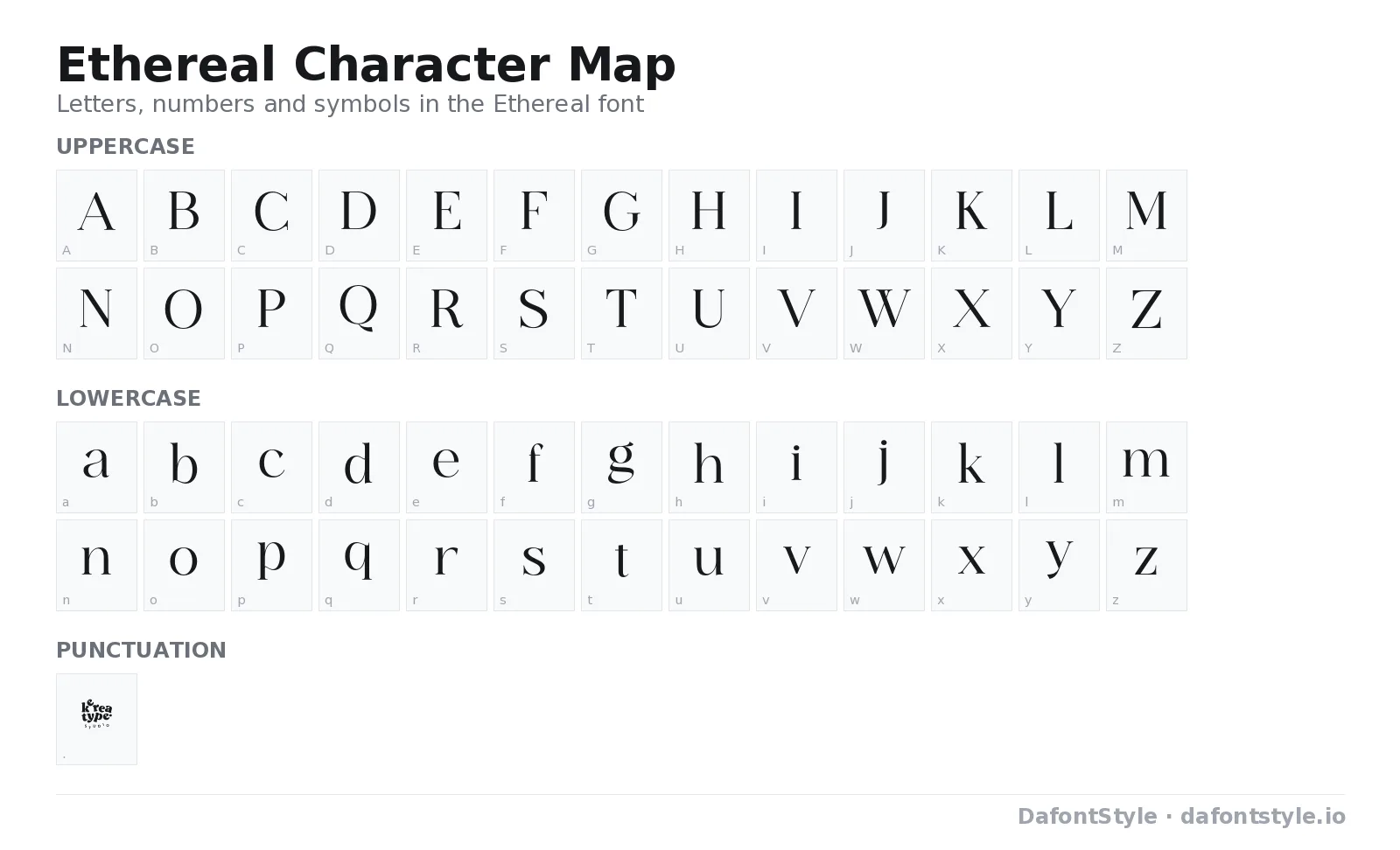 Ethereal font character map with uppercase and lowercase letters, numbers and symbols