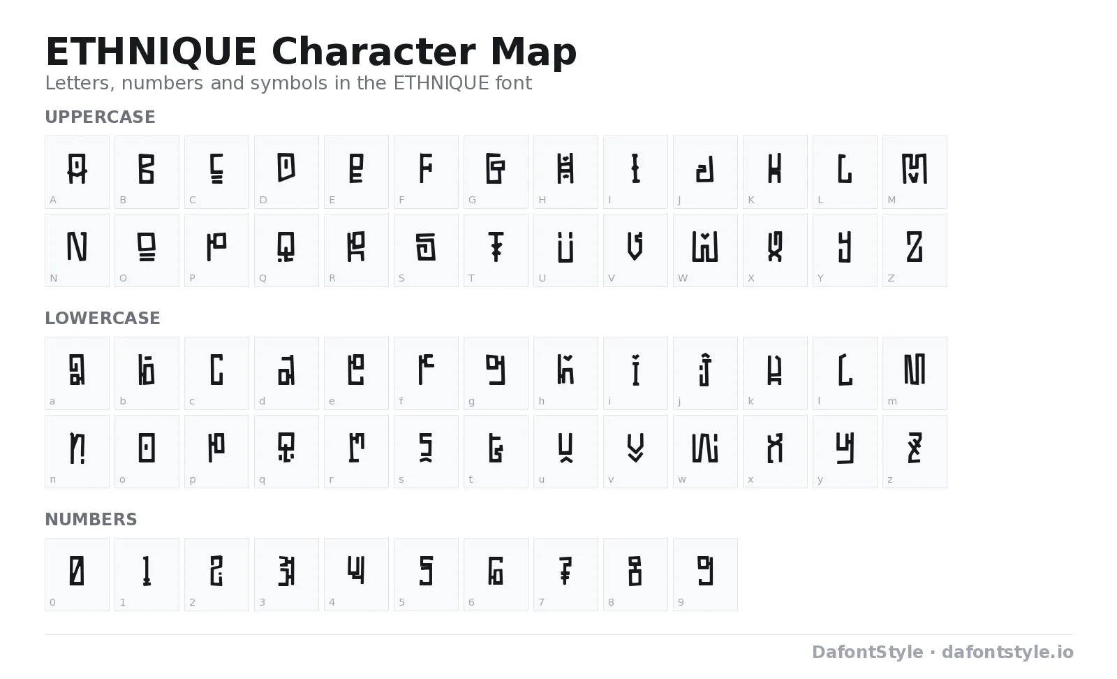 ETHNIQUE font character map with uppercase and lowercase letters, numbers and symbols