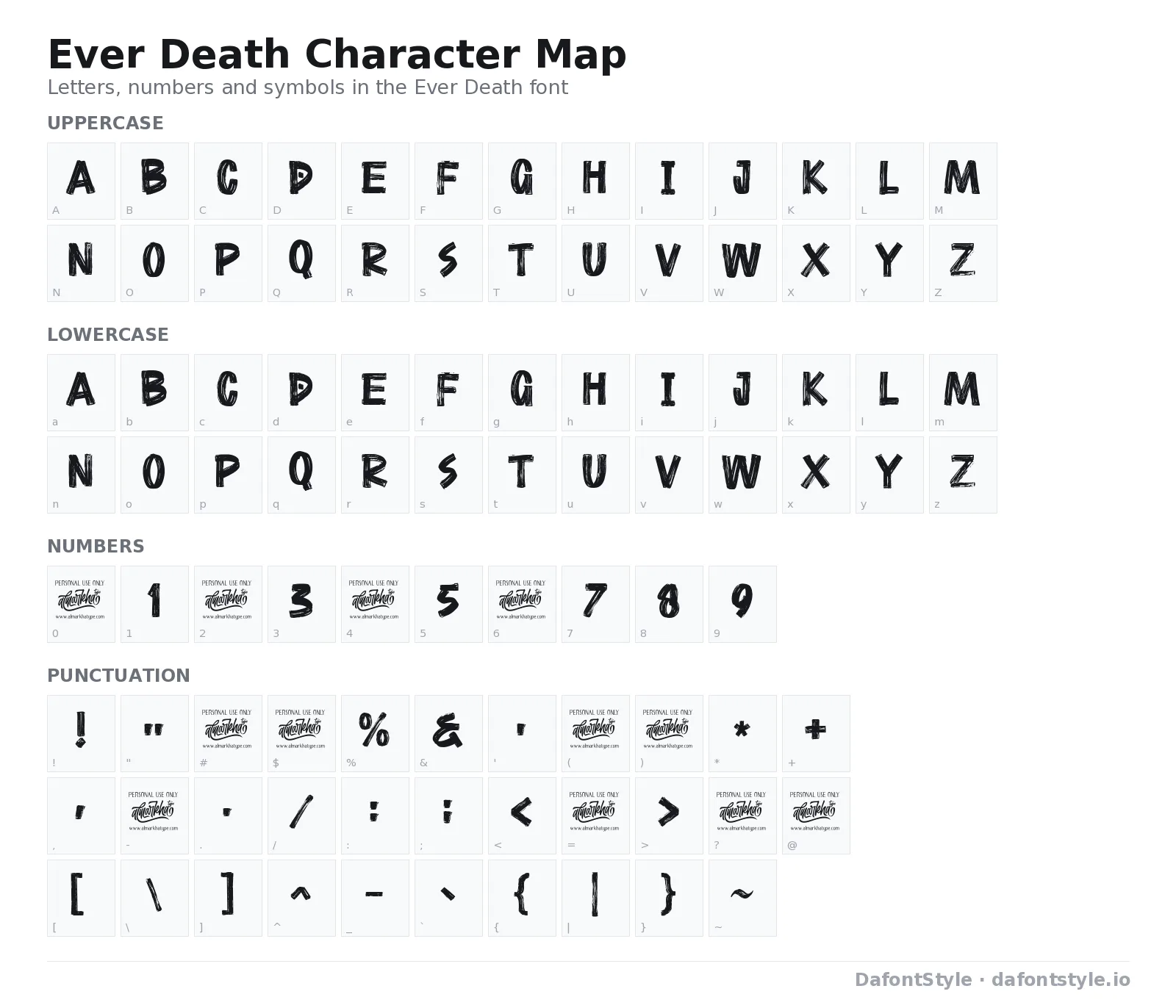 Ever Death font character map with uppercase and lowercase letters, numbers and symbols