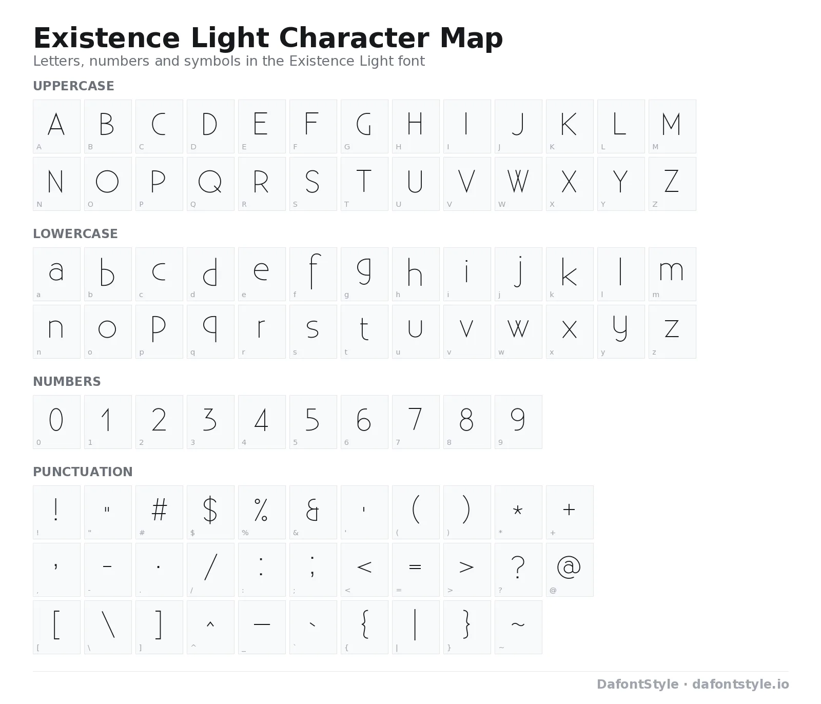 Existence Light font character map with uppercase and lowercase letters, numbers and symbols