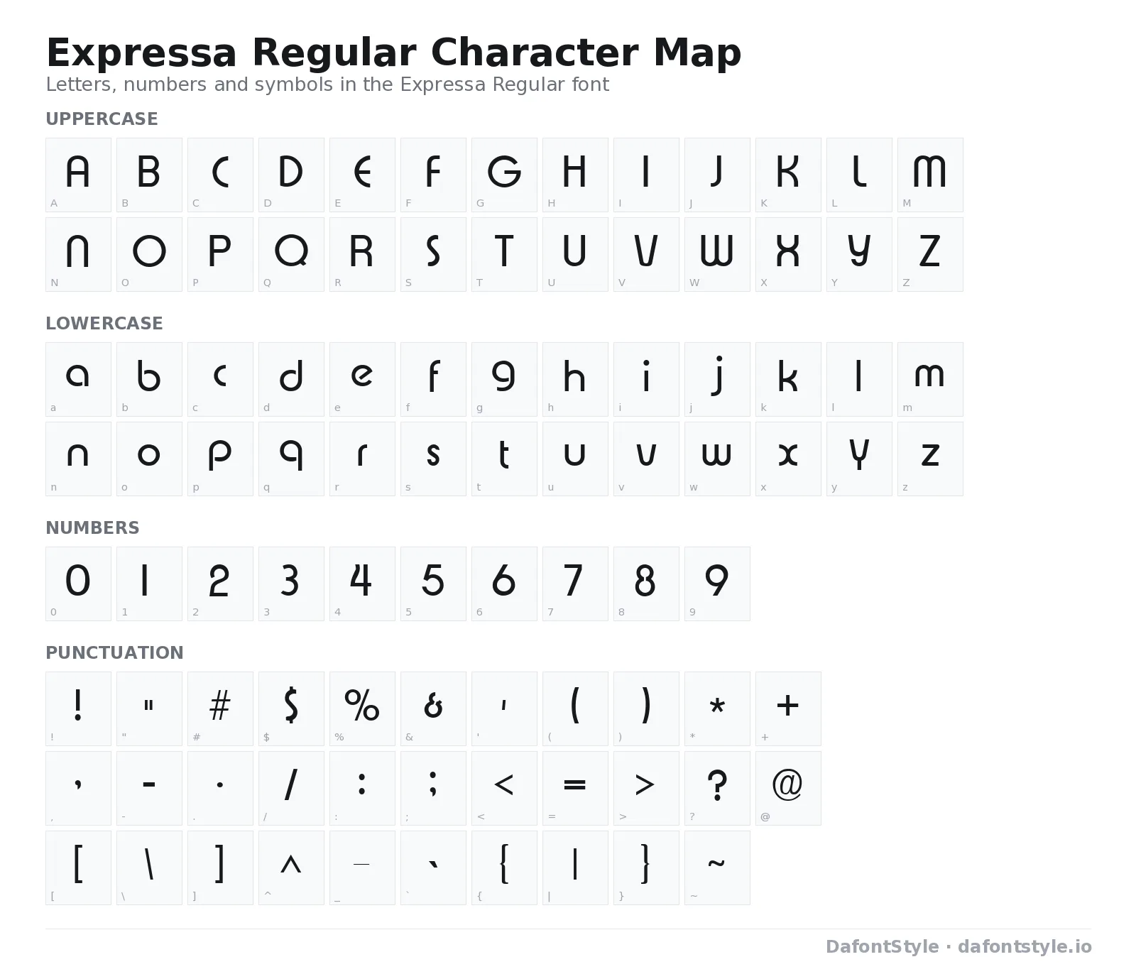 Expressa Regular font character map with uppercase and lowercase letters, numbers and symbols