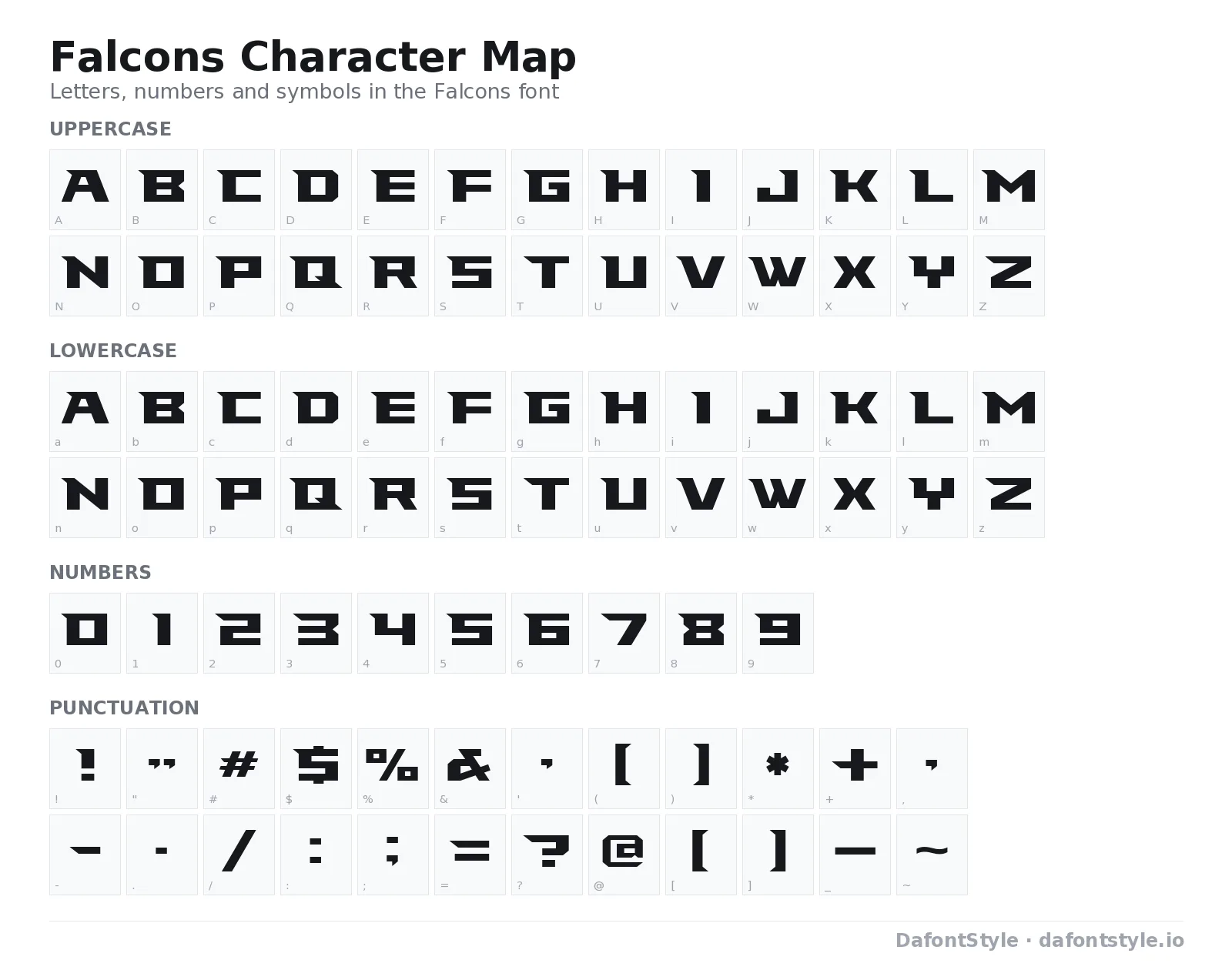 Falcons font character map with uppercase and lowercase letters, numbers and symbols