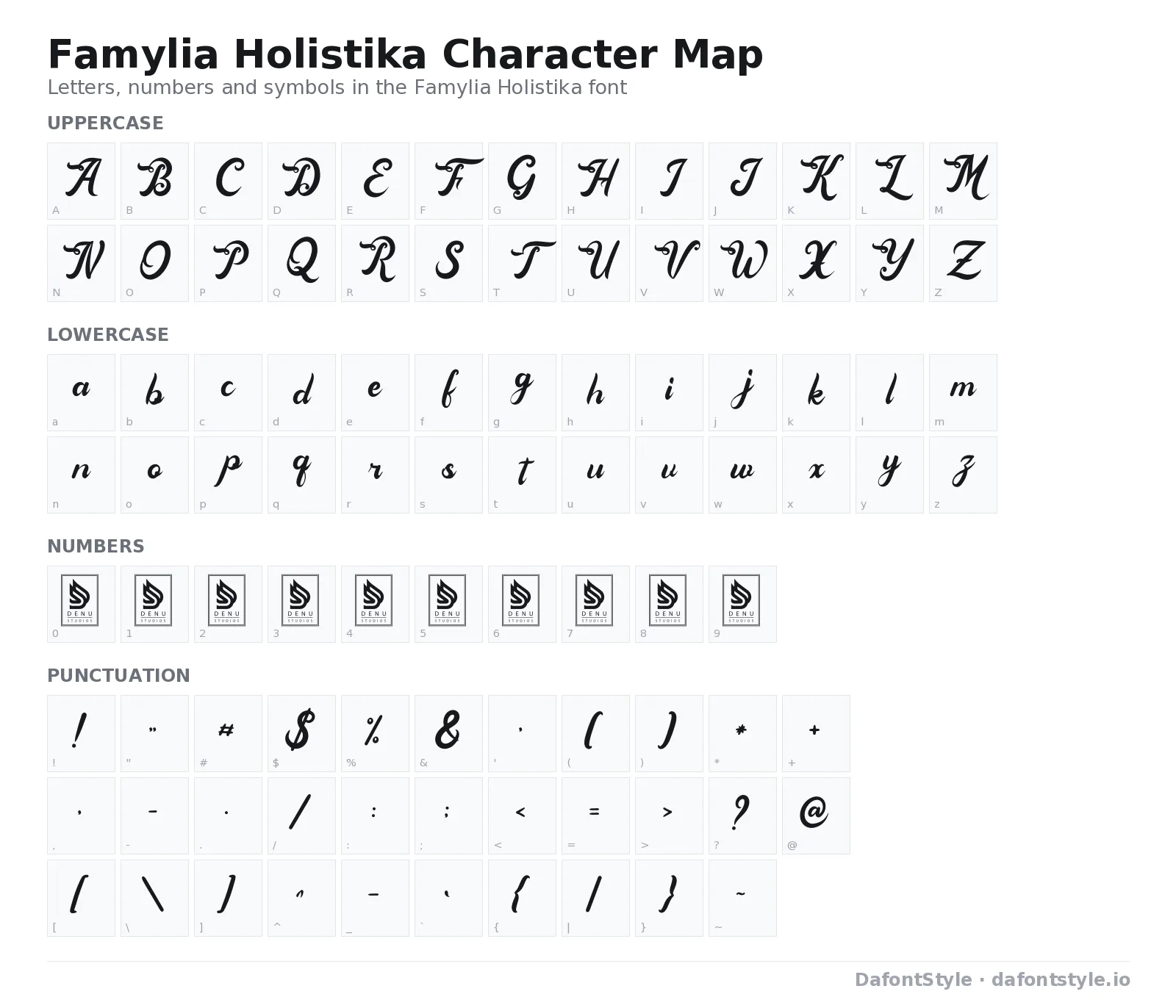 Famylia Holistika font character map with uppercase and lowercase letters, numbers and symbols