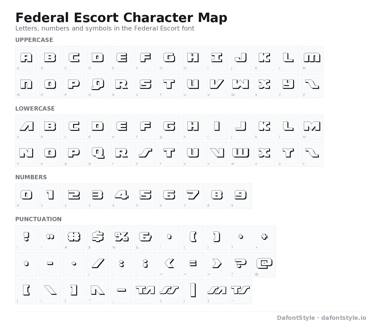Federal Escort font character map with uppercase and lowercase letters, numbers and symbols