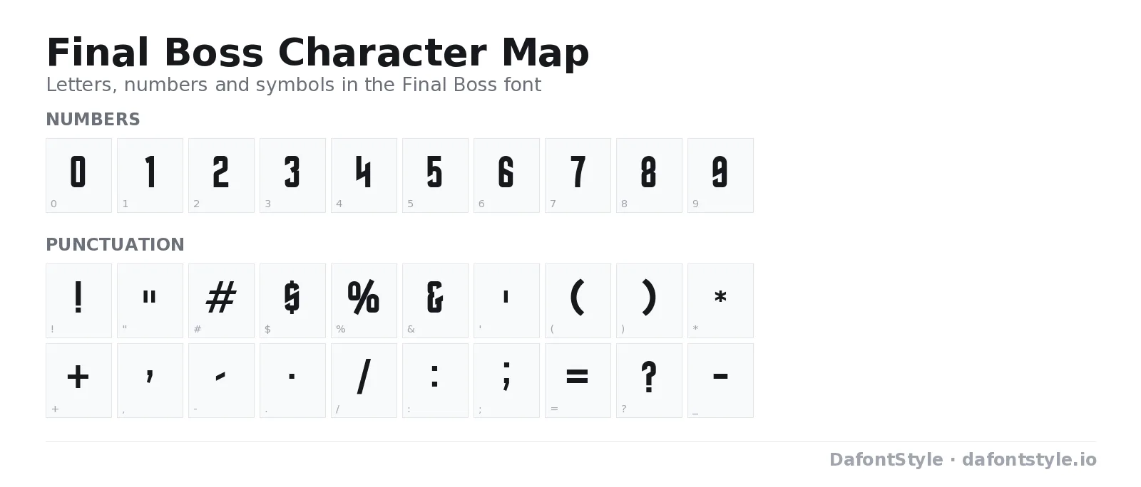 Final Boss font character map with uppercase and lowercase letters, numbers and symbols