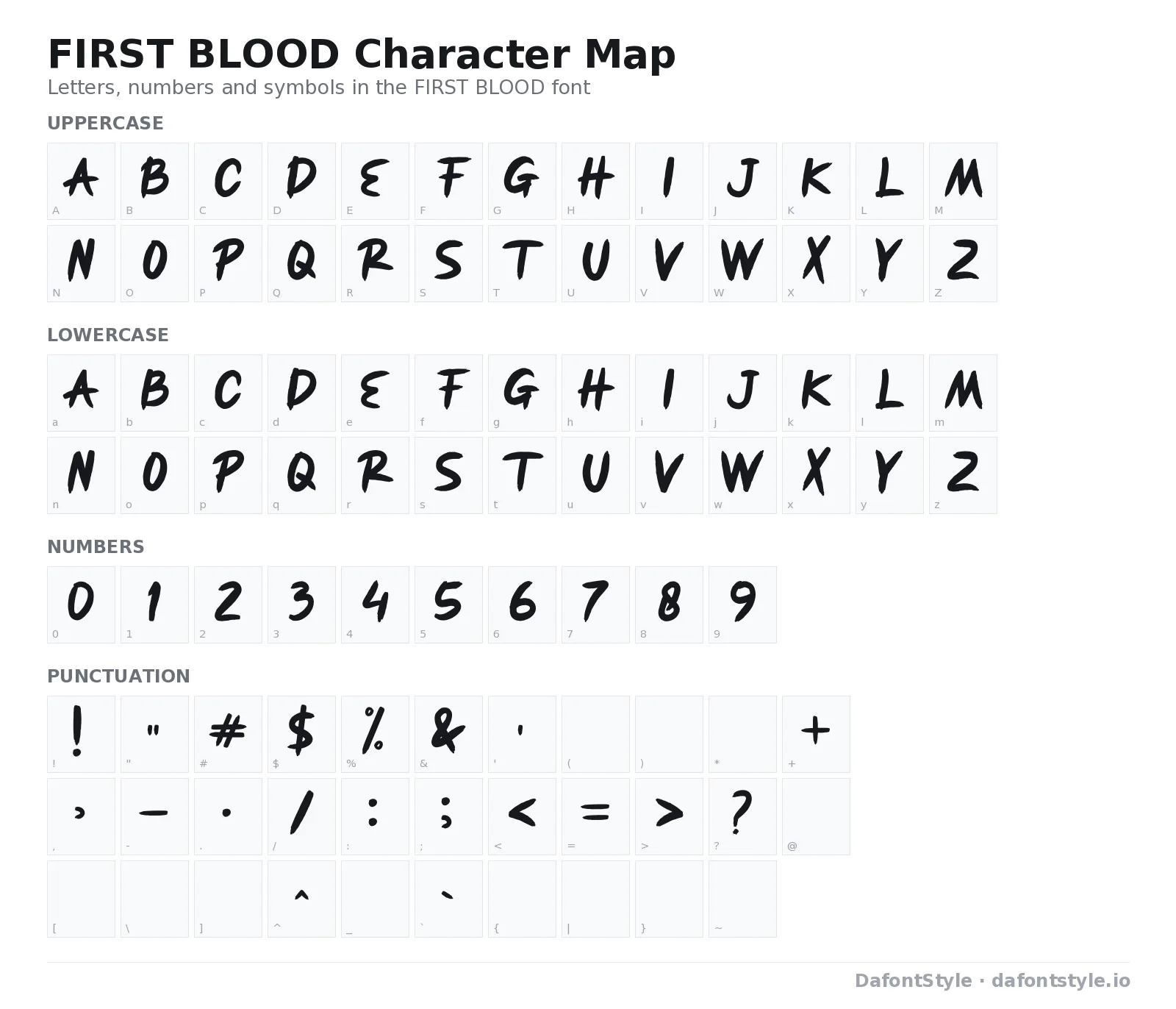 FIRST BLOOD font character map with uppercase and lowercase letters, numbers and symbols