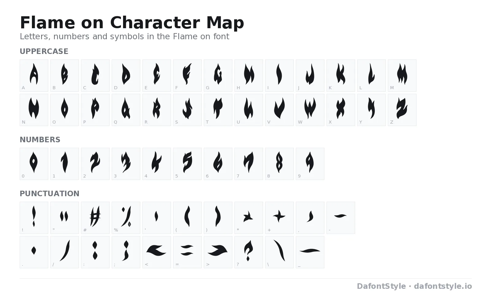 Flame on font character map with uppercase and lowercase letters, numbers and symbols